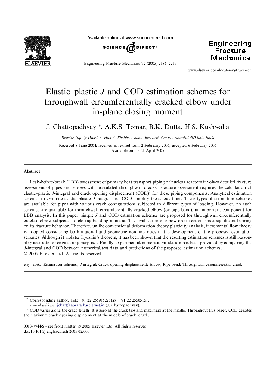 Elastic–plastic J and COD estimation schemes for throughwall circumferentially cracked elbow under in-plane closing moment