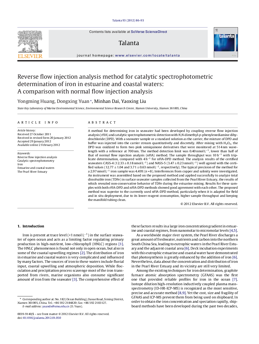 Reverse flow injection analysis method for catalytic spectrophotometric determination of iron in estuarine and coastal waters: A comparison with normal flow injection analysis