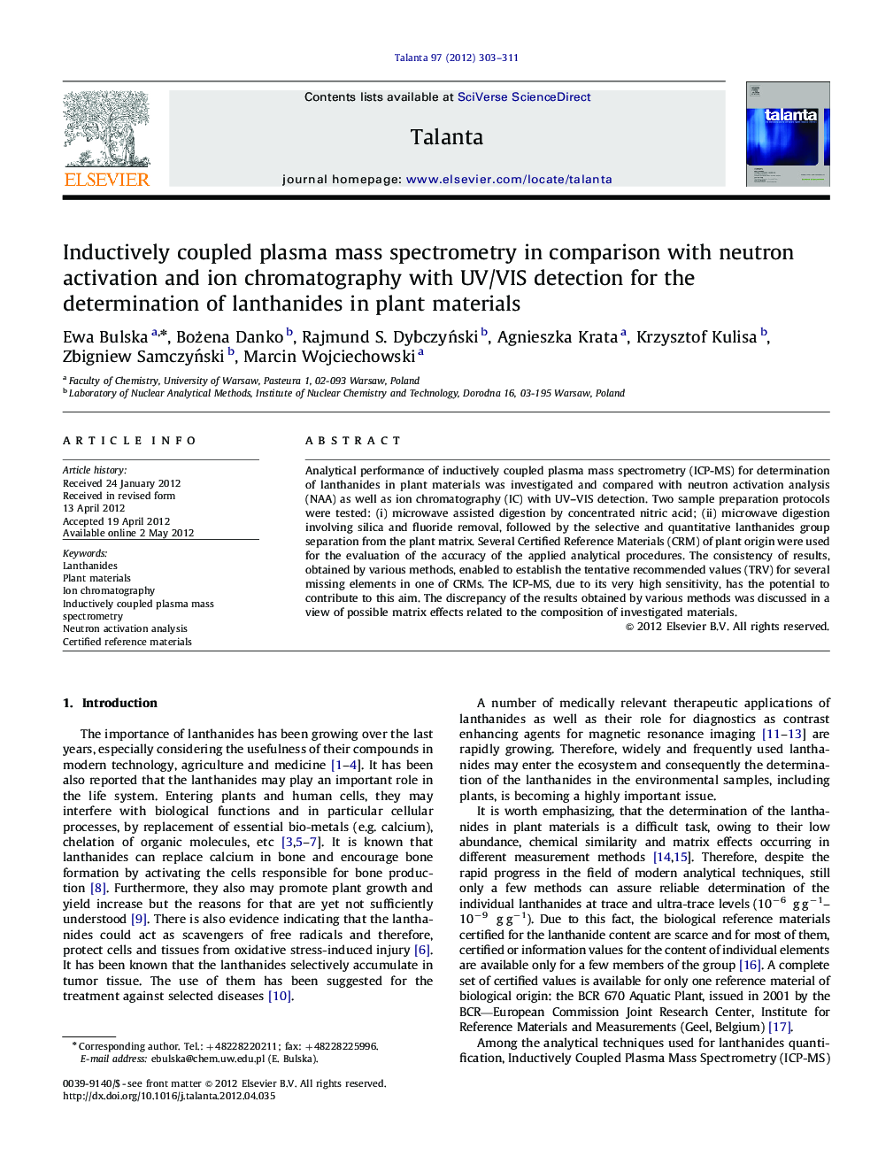 Inductively coupled plasma mass spectrometry in comparison with neutron activation and ion chromatography with UV/VIS detection for the determination of lanthanides in plant materials