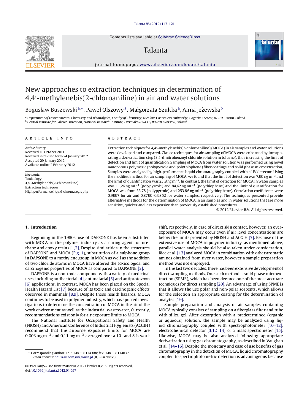 New approaches to extraction techniques in determination of 4,4â²-methylenebis(2-chloroaniline) in air and water solutions