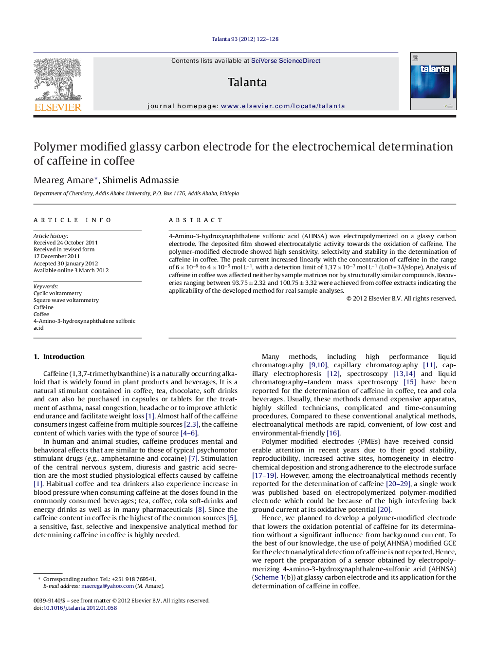 Polymer modified glassy carbon electrode for the electrochemical determination of caffeine in coffee