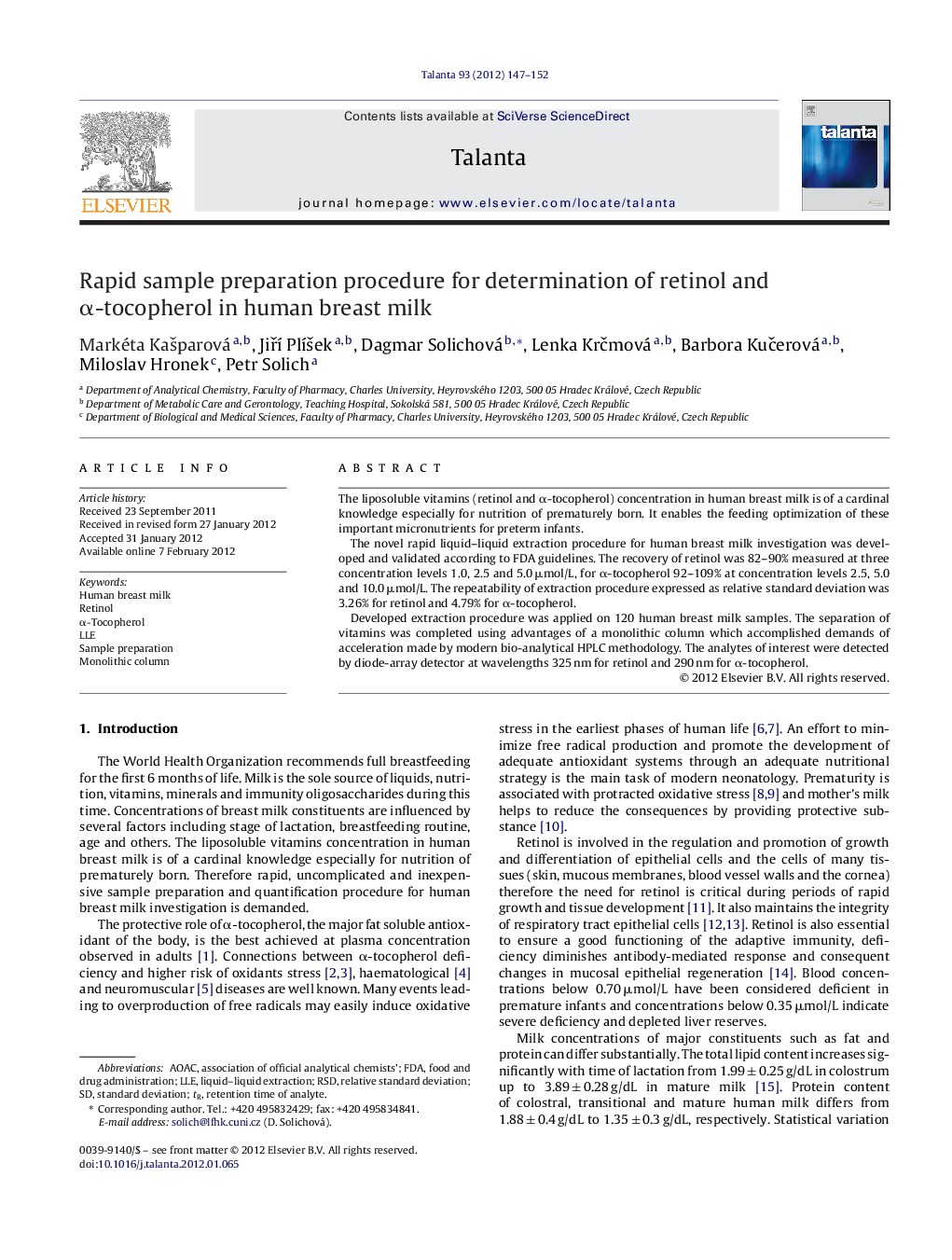 Rapid sample preparation procedure for determination of retinol and Î±-tocopherol in human breast milk