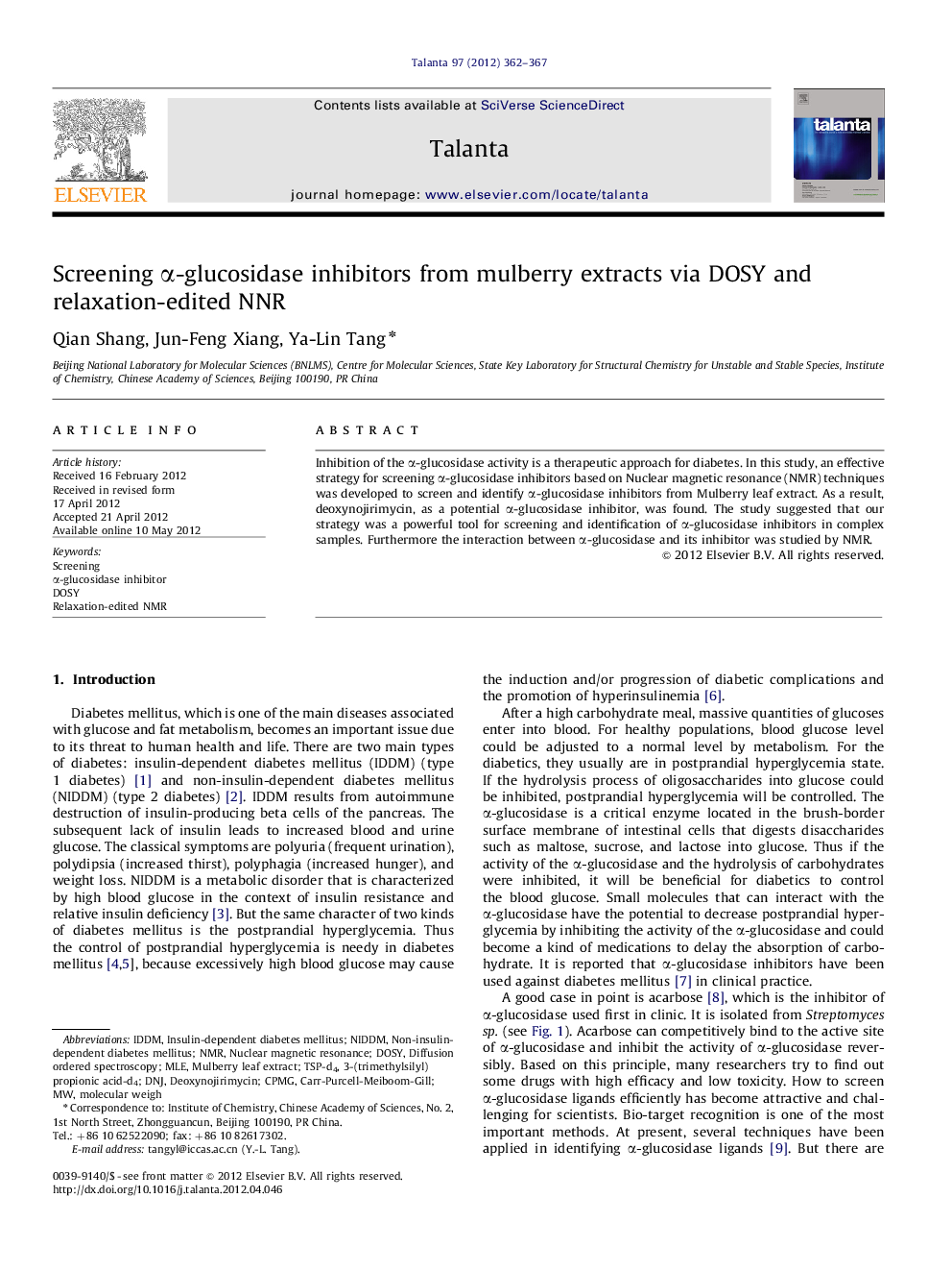 Screening Î±-glucosidase inhibitors from mulberry extracts via DOSY and relaxation-edited NNR