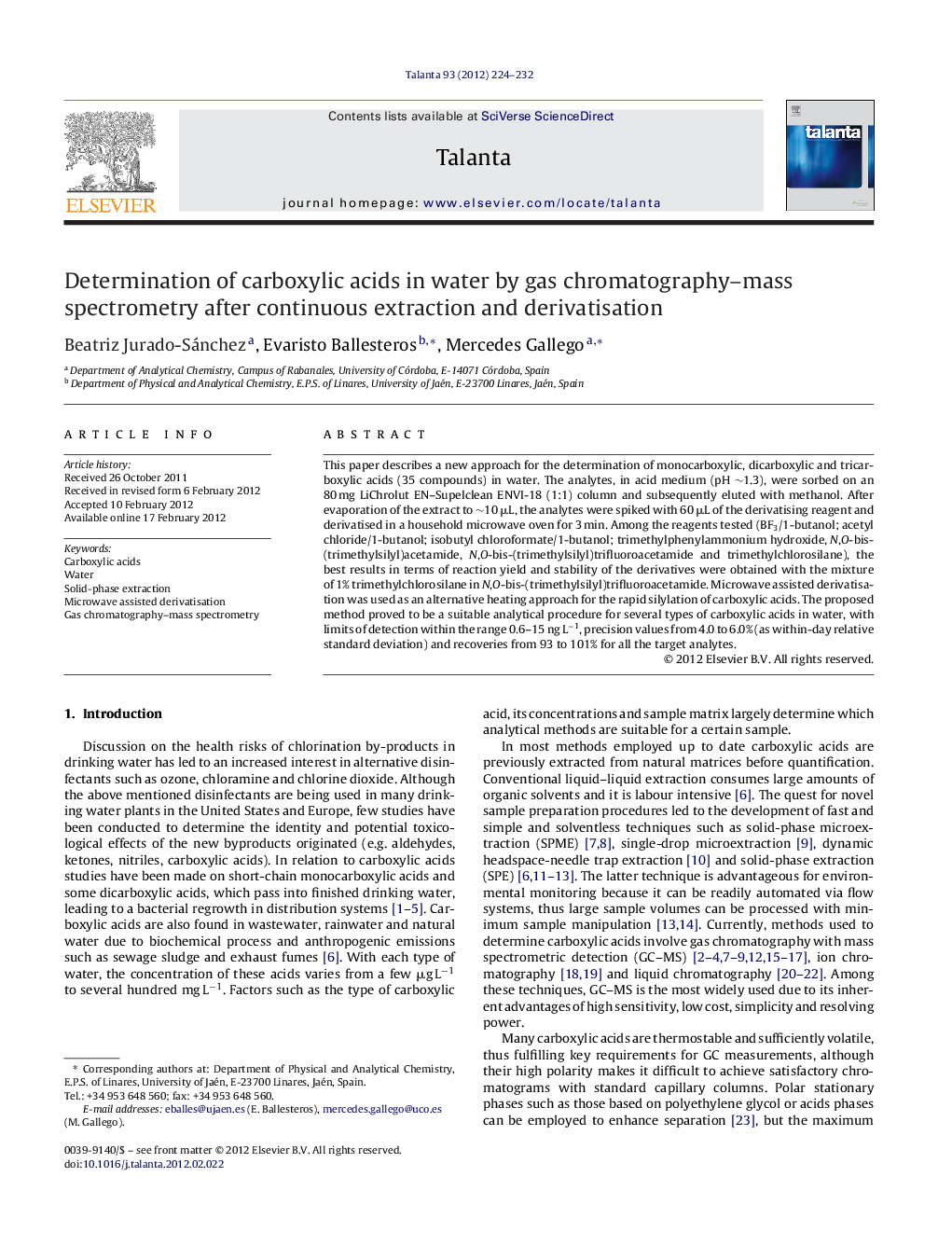 Determination of carboxylic acids in water by gas chromatography-mass spectrometry after continuous extraction and derivatisation