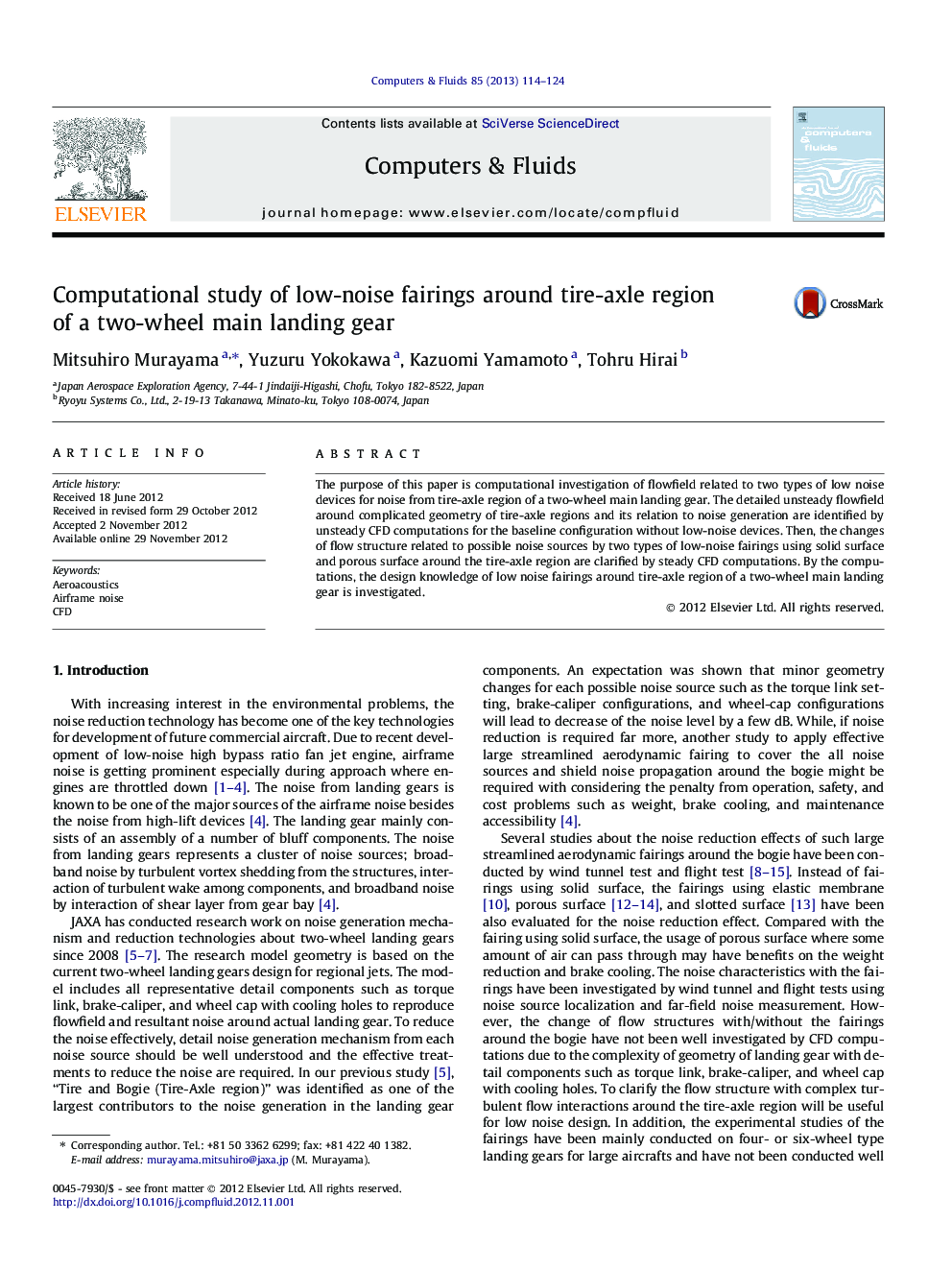 Computational study of low-noise fairings around tire-axle region of a two-wheel main landing gear