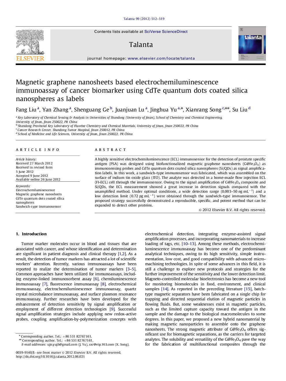 Magnetic graphene nanosheets based electrochemiluminescence immunoassay of cancer biomarker using CdTe quantum dots coated silica nanospheres as labels