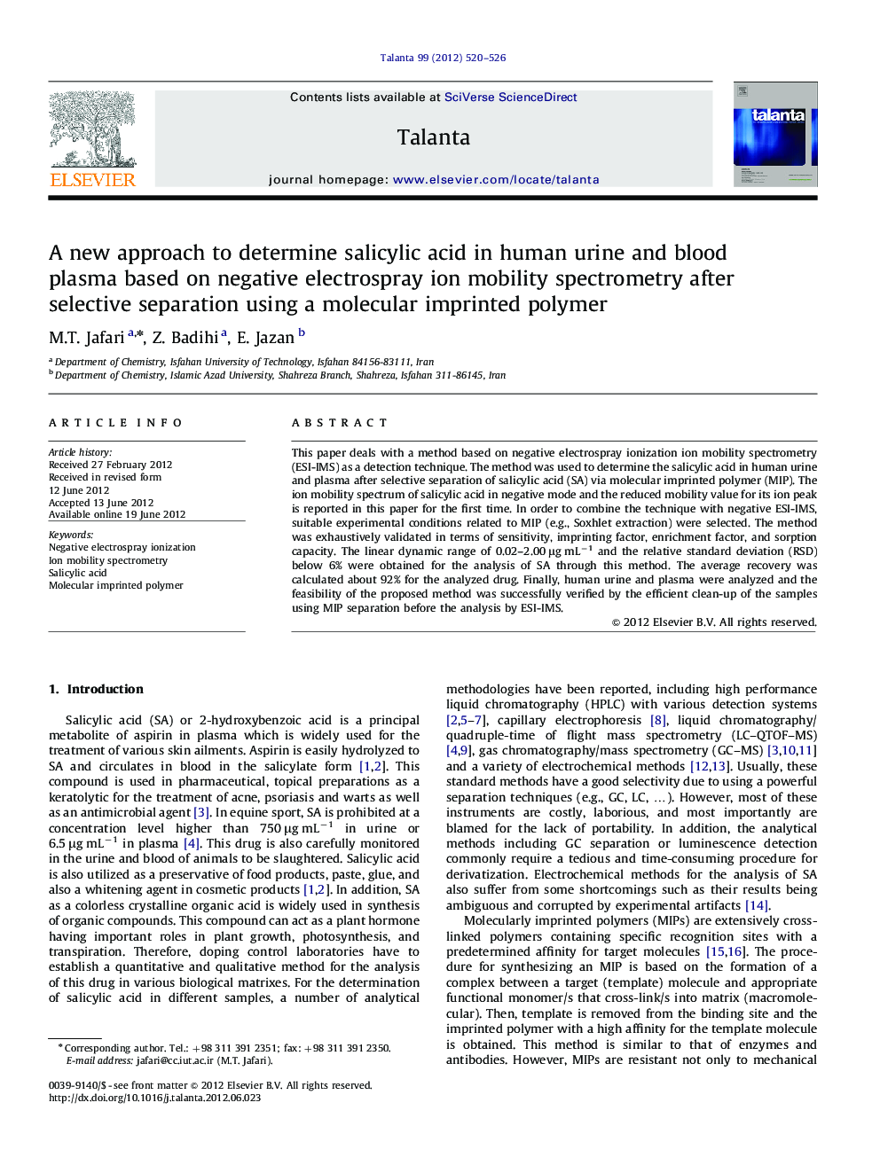 A new approach to determine salicylic acid in human urine and blood plasma based on negative electrospray ion mobility spectrometry after selective separation using a molecular imprinted polymer