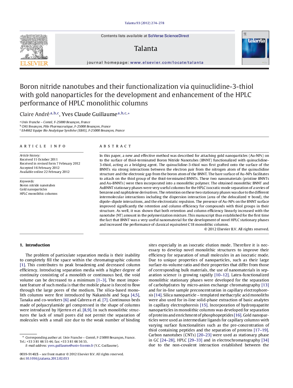 Boron nitride nanotubes and their functionalization via quinuclidine-3-thiol with gold nanoparticles for the development and enhancement of the HPLC performance of HPLC monolithic columns