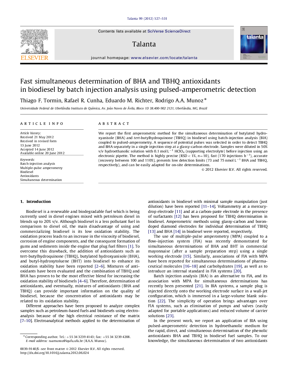 Fast simultaneous determination of BHA and TBHQ antioxidants in biodiesel by batch injection analysis using pulsed-amperometric detection