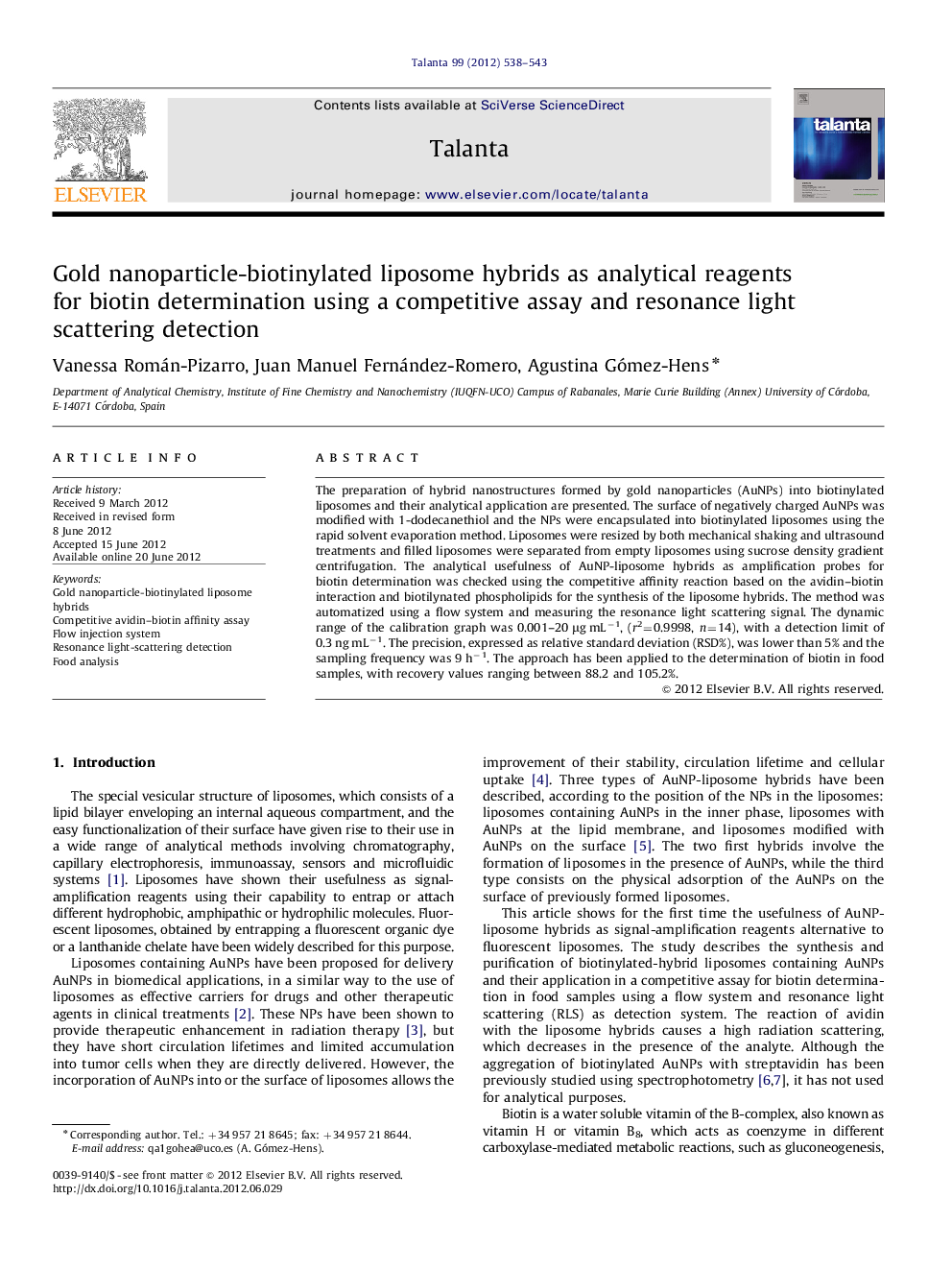 Gold nanoparticle-biotinylated liposome hybrids as analytical reagents for biotin determination using a competitive assay and resonance light scattering detection