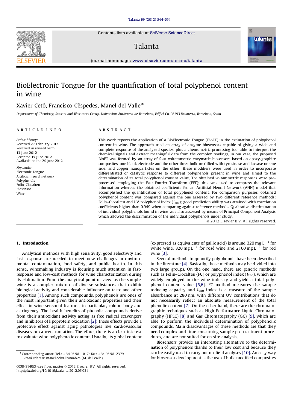 BioElectronic Tongue for the quantification of total polyphenol content in wine