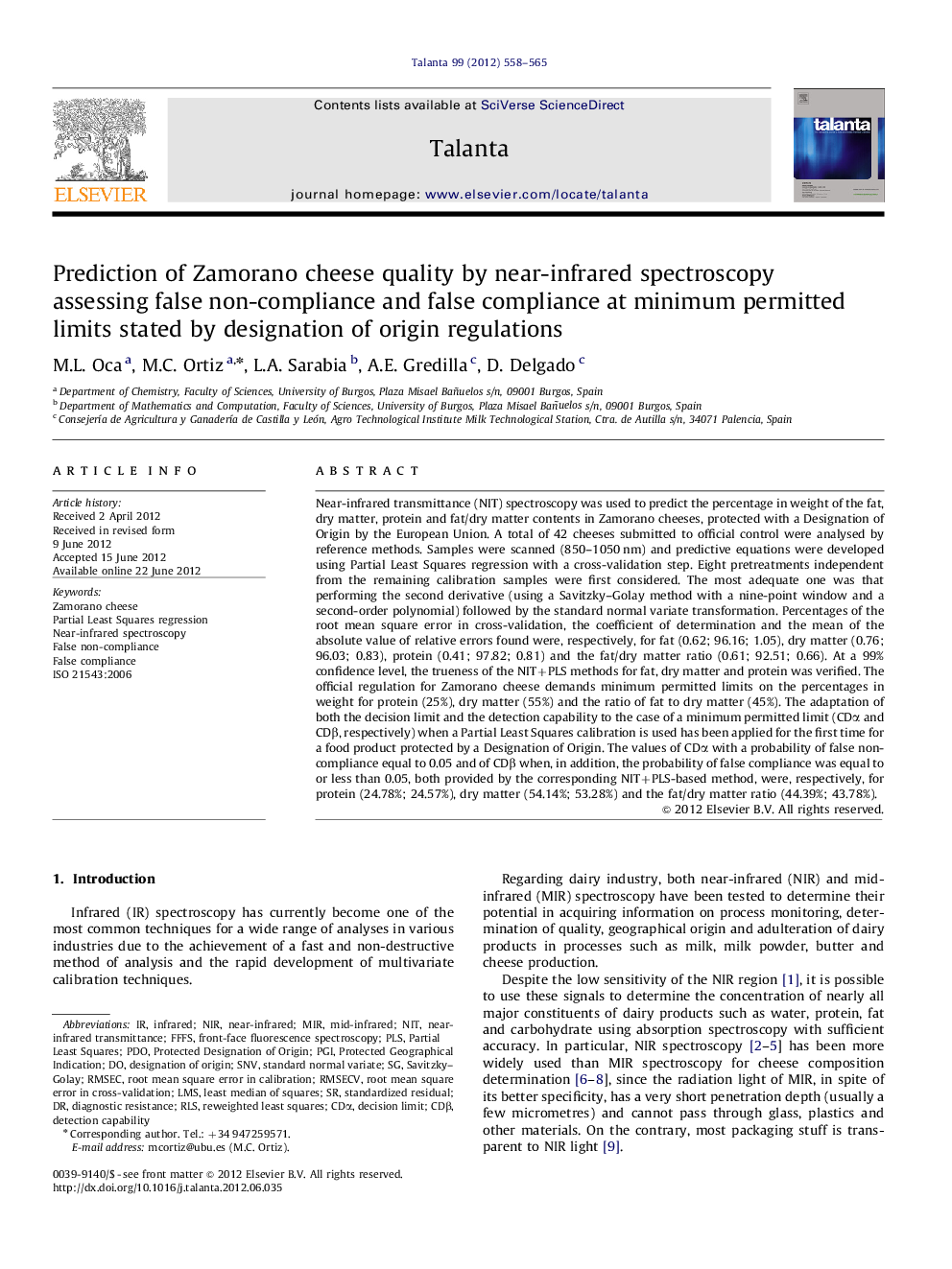 Prediction of Zamorano cheese quality by near-infrared spectroscopy assessing false non-compliance and false compliance at minimum permitted limits stated by designation of origin regulations