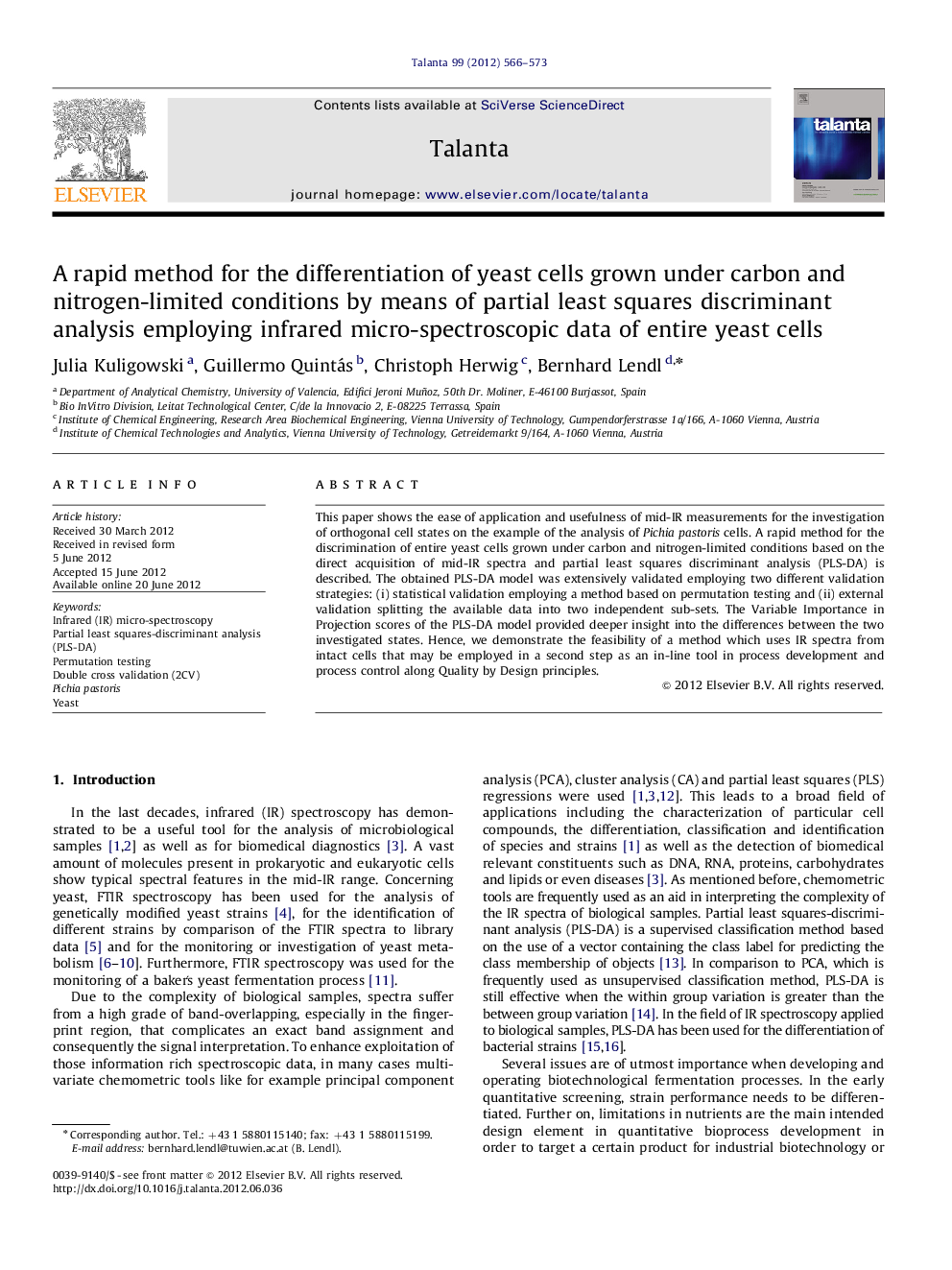 A rapid method for the differentiation of yeast cells grown under carbon and nitrogen-limited conditions by means of partial least squares discriminant analysis employing infrared micro-spectroscopic data of entire yeast cells