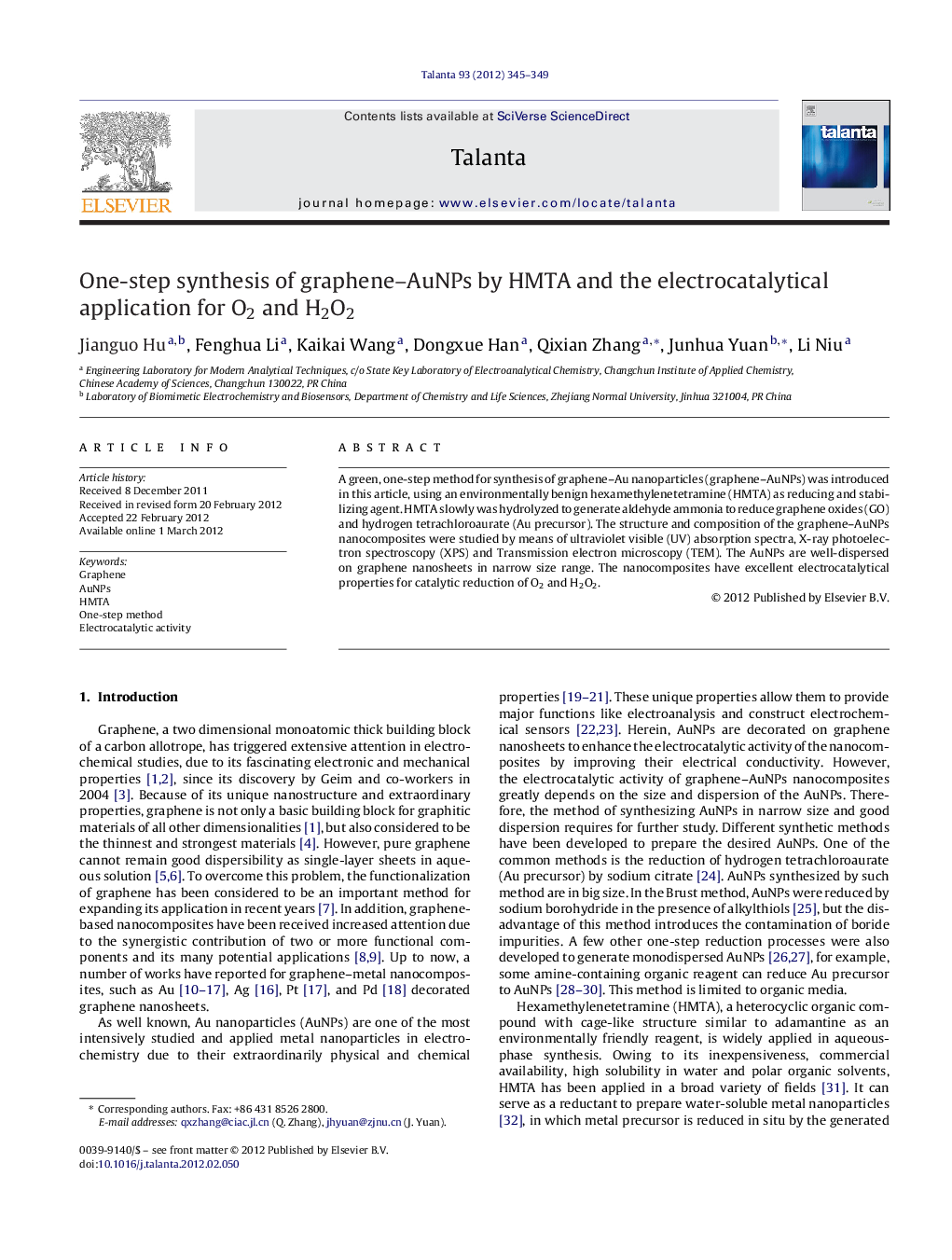 One-step synthesis of graphene-AuNPs by HMTA and the electrocatalytical application for O2 and H2O2