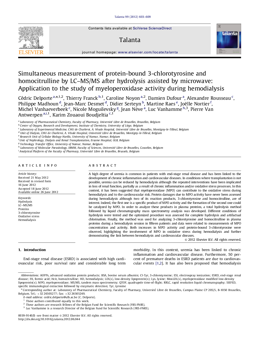 Simultaneous measurement of protein-bound 3-chlorotyrosine and homocitrulline by LC-MS/MS after hydrolysis assisted by microwave: Application to the study of myeloperoxidase activity during hemodialysis