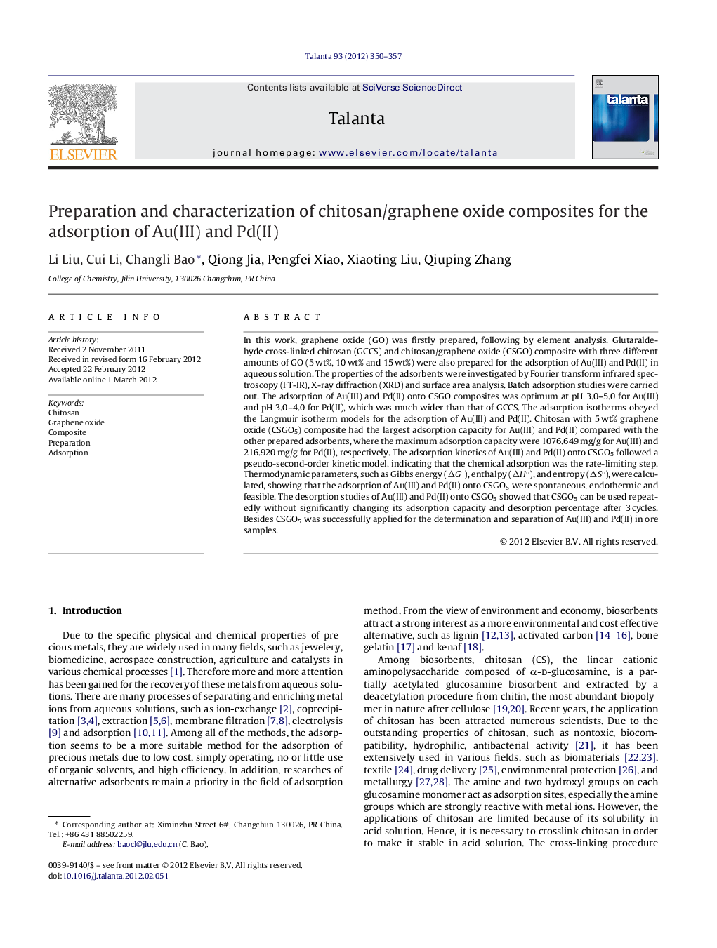 Preparation and characterization of chitosan/graphene oxide composites for the adsorption of Au(III) and Pd(II)