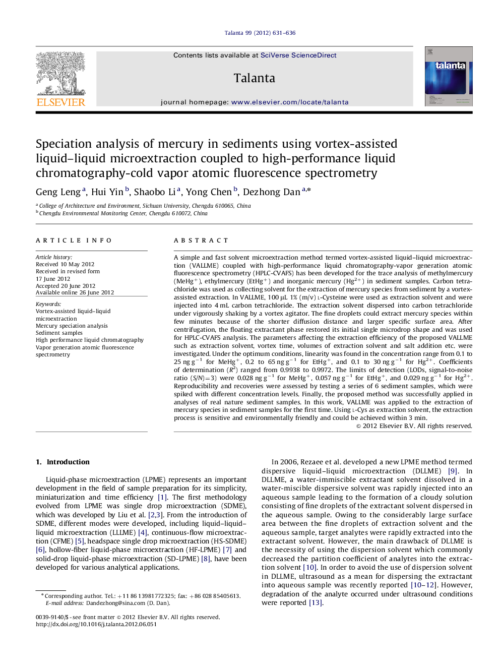 Speciation analysis of mercury in sediments using vortex-assisted liquid-liquid microextraction coupled to high-performance liquid chromatography-cold vapor atomic fluorescence spectrometry