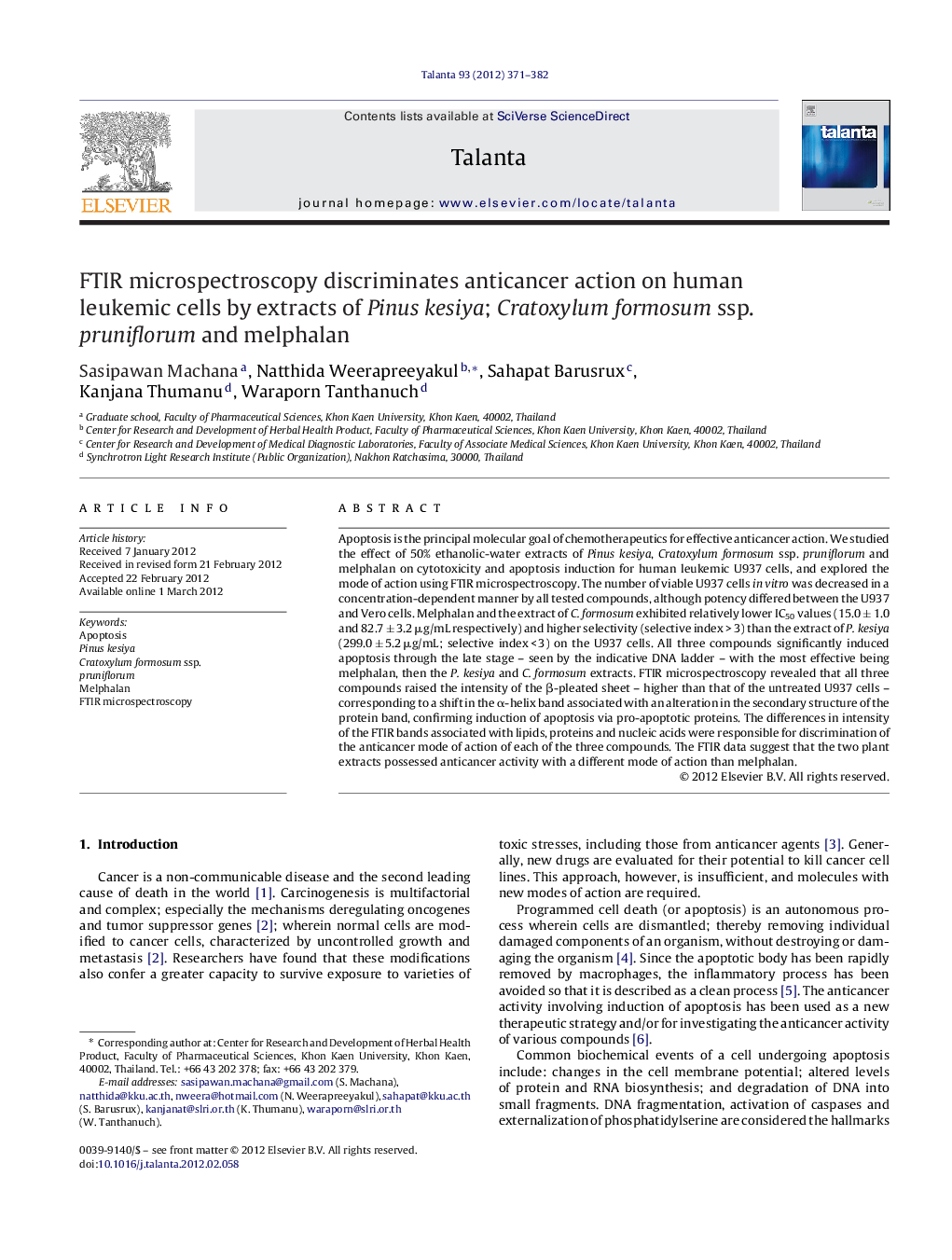 FTIR microspectroscopy discriminates anticancer action on human leukemic cells by extracts of Pinus kesiya; Cratoxylum formosum ssp. pruniflorum and melphalan