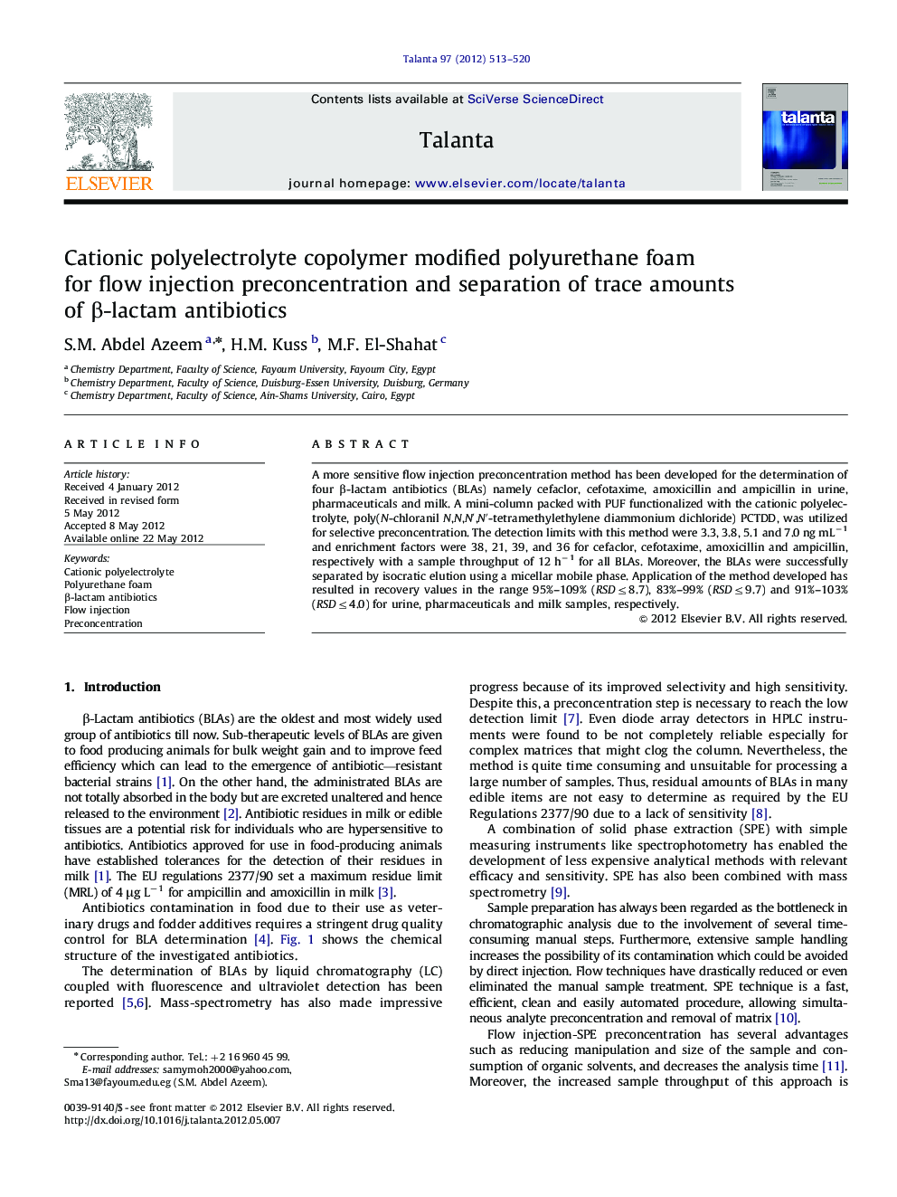 Cationic polyelectrolyte copolymer modified polyurethane foam for flow injection preconcentration and separation of trace amounts of Î²-lactam antibiotics