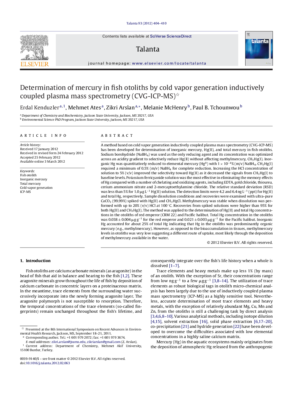 Determination of mercury in fish otoliths by cold vapor generation inductively coupled plasma mass spectrometry (CVG-ICP-MS)