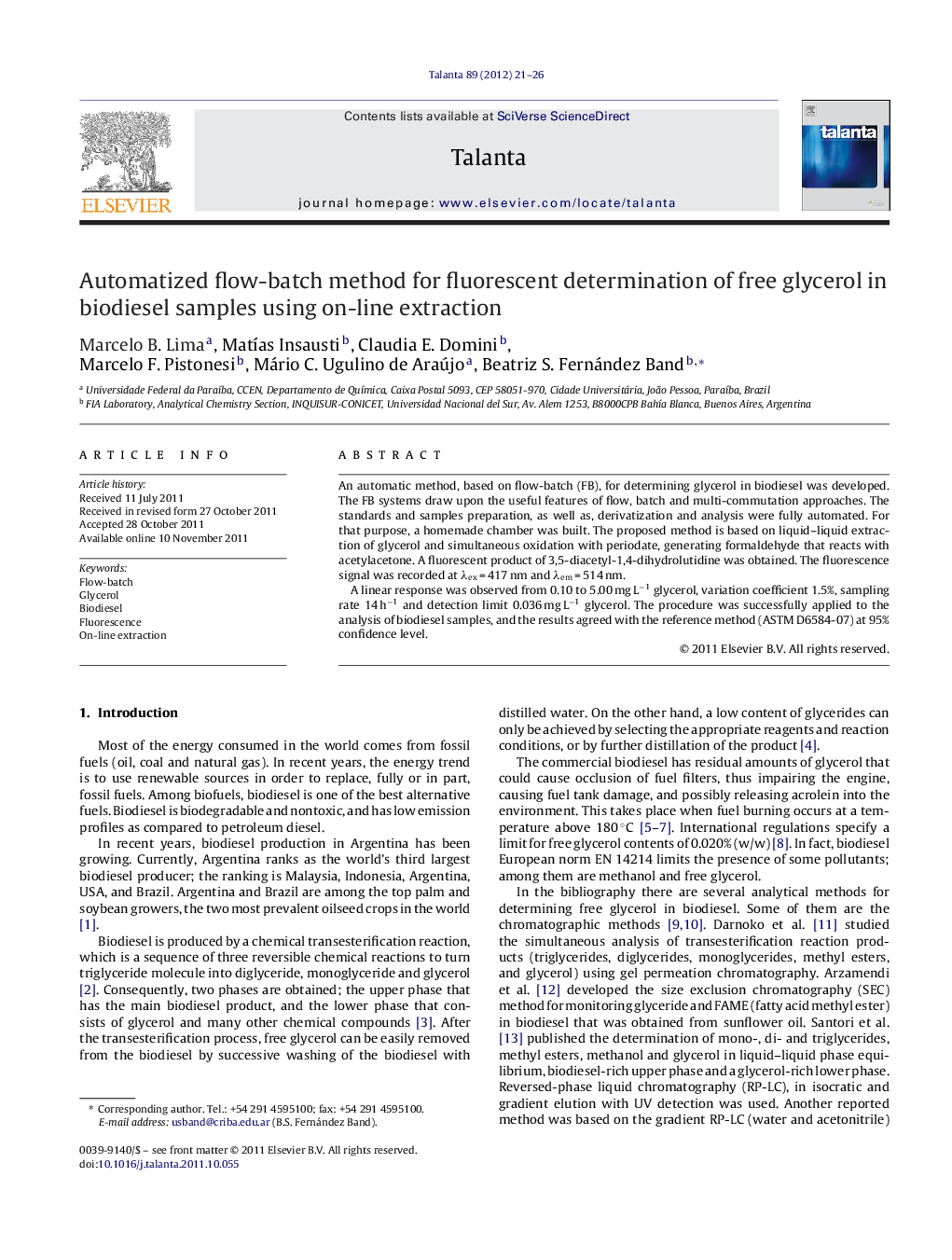 Automatized flow-batch method for fluorescent determination of free glycerol in biodiesel samples using on-line extraction