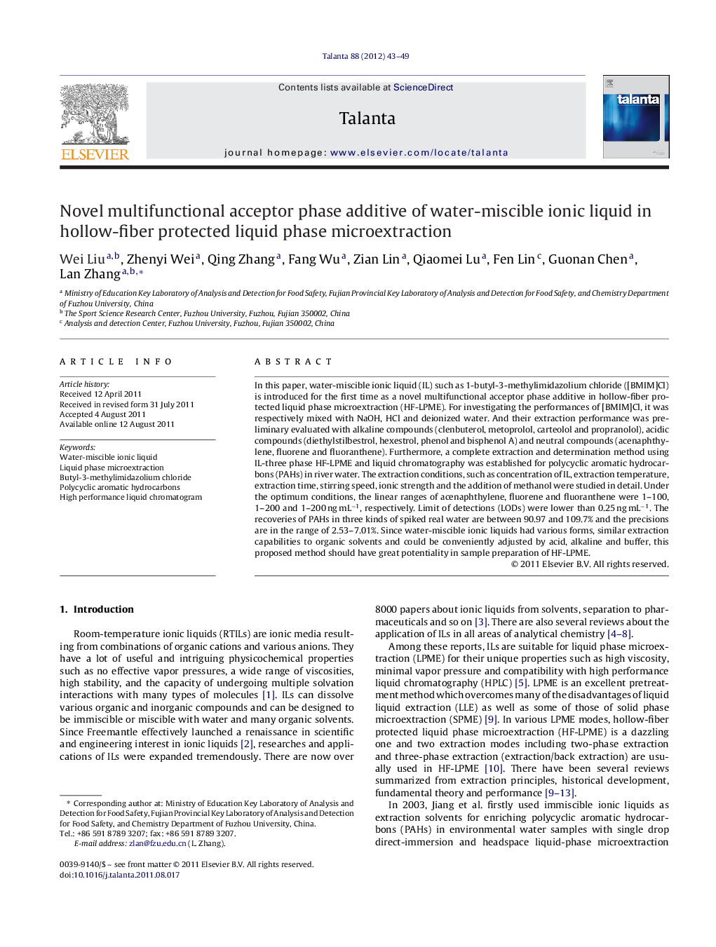 Novel multifunctional acceptor phase additive of water-miscible ionic liquid in hollow-fiber protected liquid phase microextraction