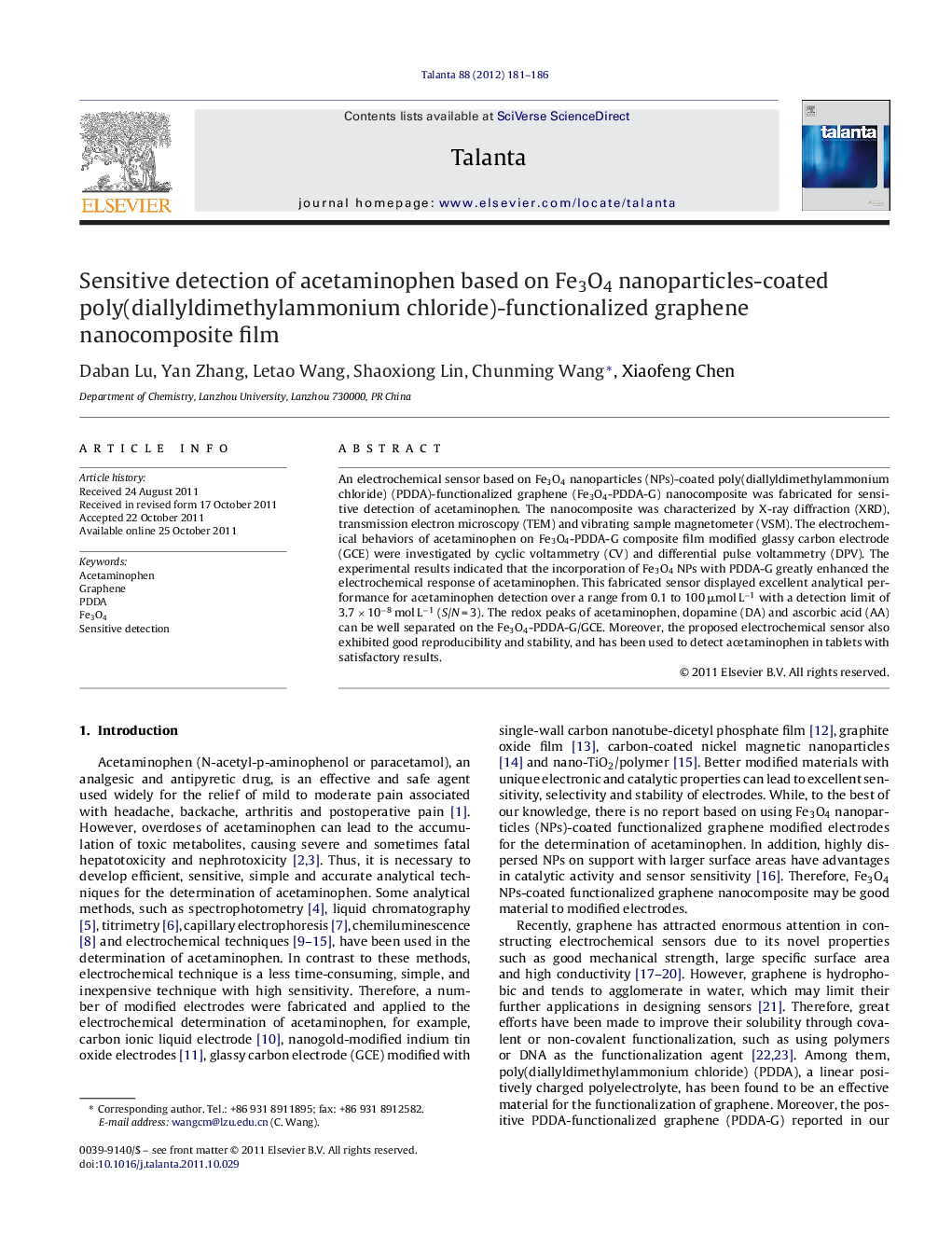 Sensitive detection of acetaminophen based on Fe3O4 nanoparticles-coated poly(diallyldimethylammonium chloride)-functionalized graphene nanocomposite film