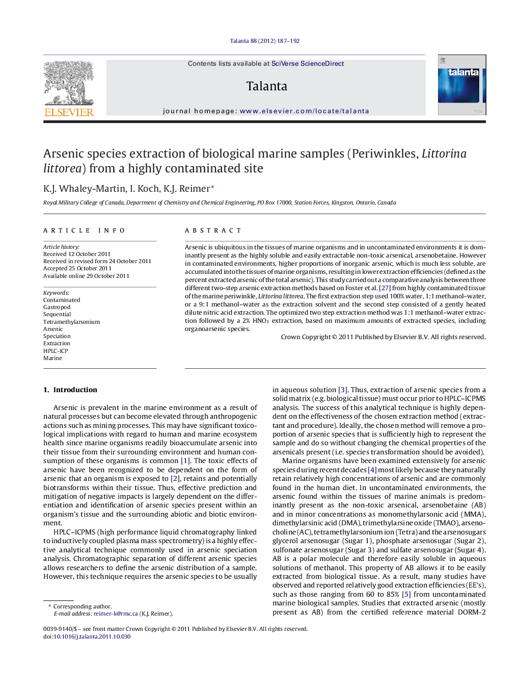 Arsenic species extraction of biological marine samples (Periwinkles, Littorina littorea) from a highly contaminated site