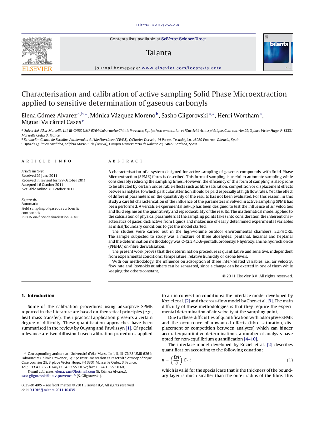 Characterisation and calibration of active sampling Solid Phase Microextraction applied to sensitive determination of gaseous carbonyls