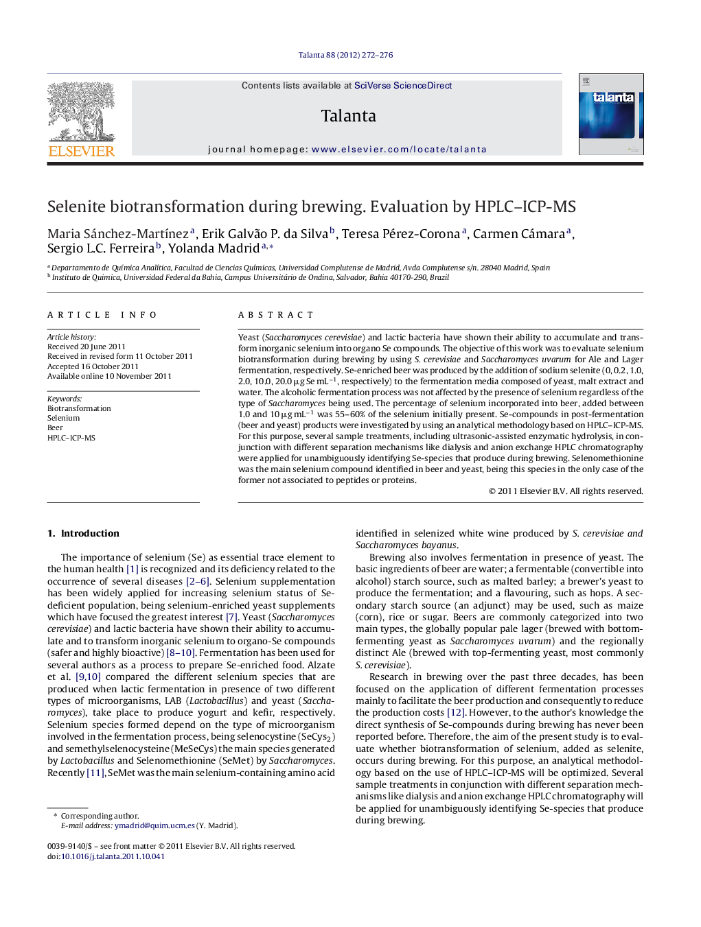 Selenite biotransformation during brewing. Evaluation by HPLC-ICP-MS