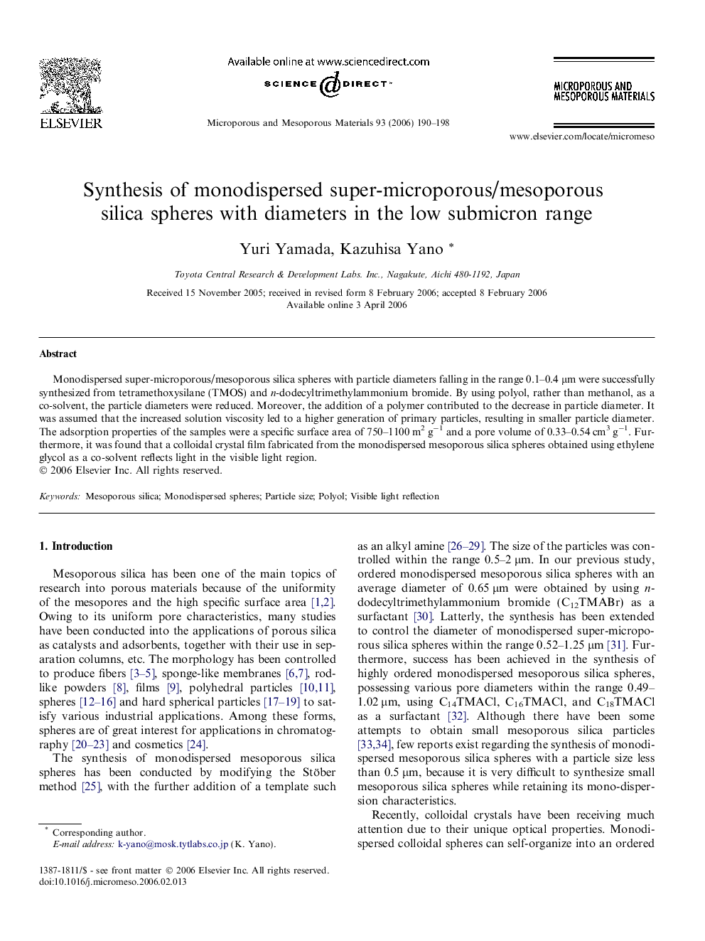 Synthesis of monodispersed super-microporous/mesoporous silica spheres with diameters in the low submicron range