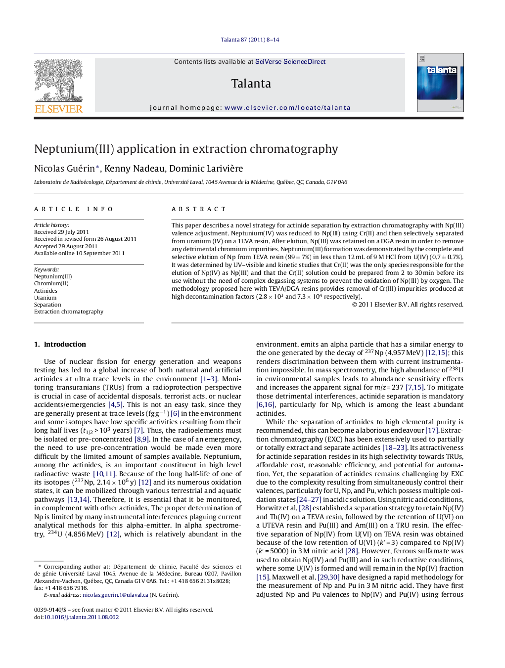 Neptunium(III) application in extraction chromatography