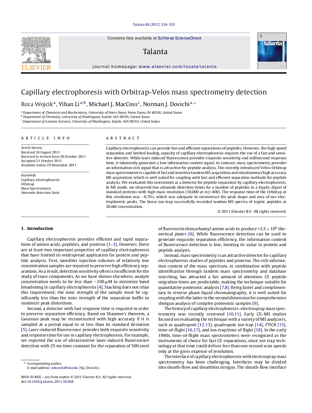 Capillary electrophoresis with Orbitrap-Velos mass spectrometry detection