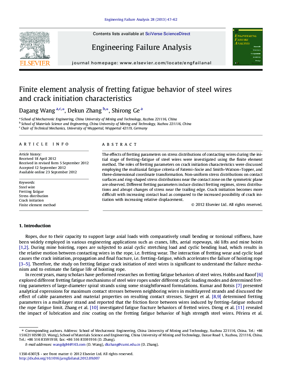 Finite element analysis of fretting fatigue behavior of steel wires and crack initiation characteristics