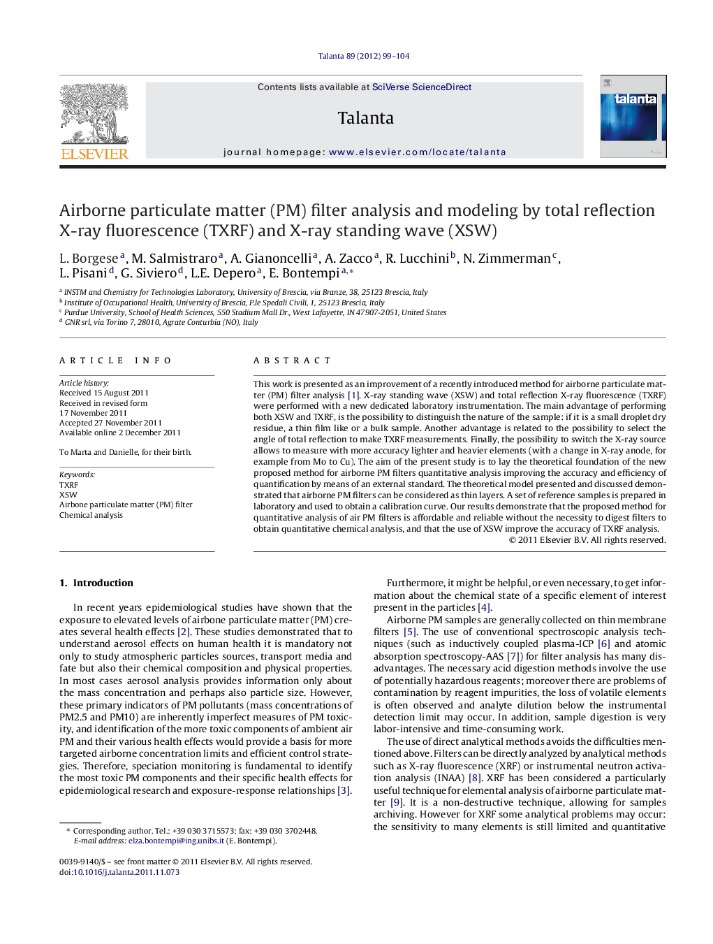 Airborne particulate matter (PM) filter analysis and modeling by total reflection X-ray fluorescence (TXRF) and X-ray standing wave (XSW)