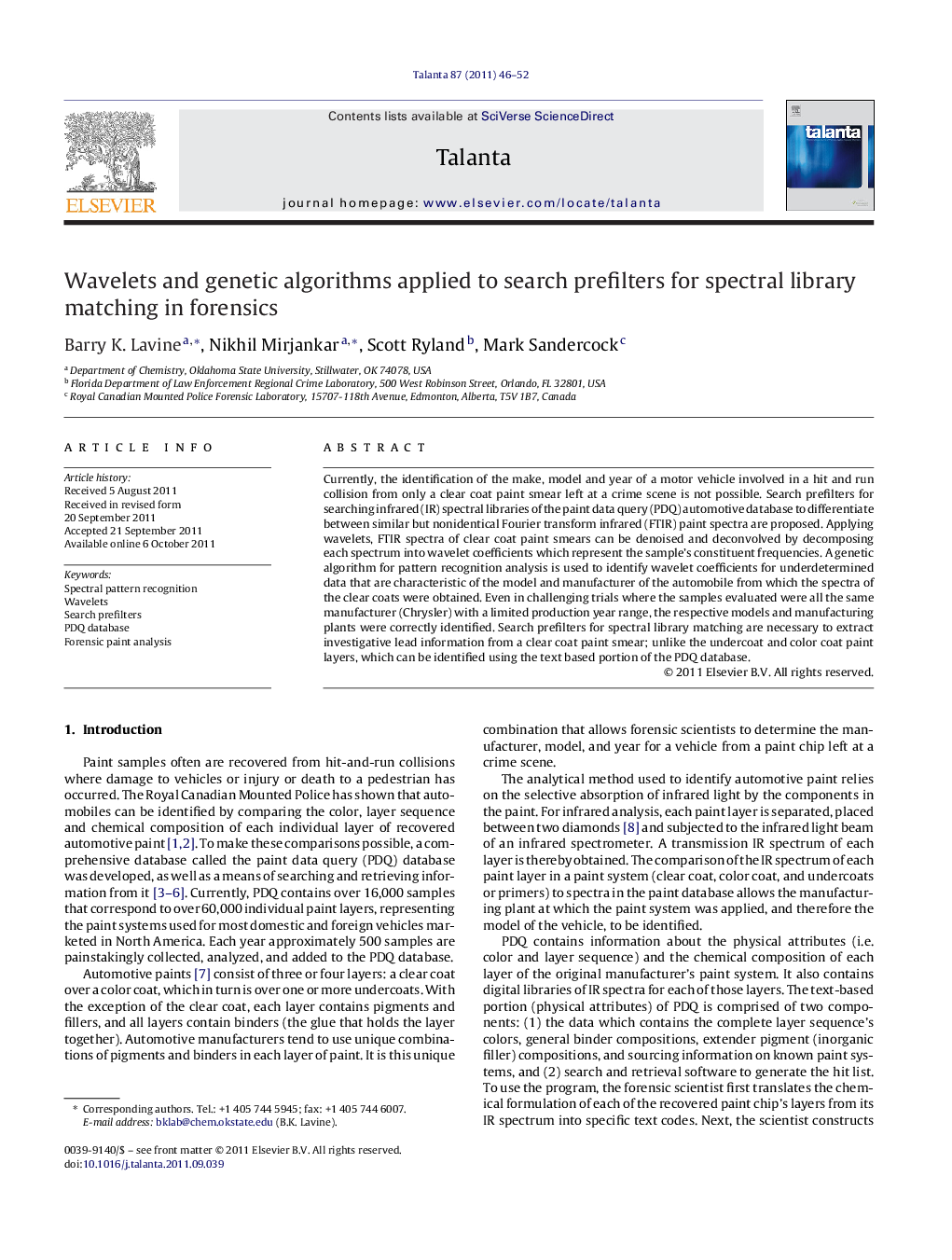 Wavelets and genetic algorithms applied to search prefilters for spectral library matching in forensics