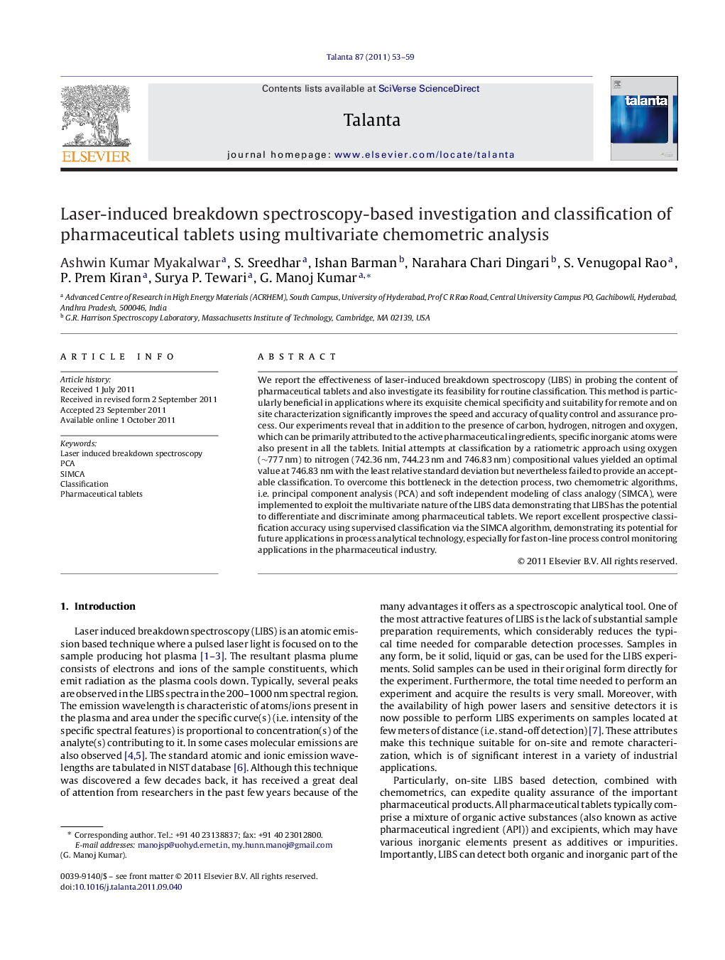 Laser-induced breakdown spectroscopy-based investigation and classification of pharmaceutical tablets using multivariate chemometric analysis