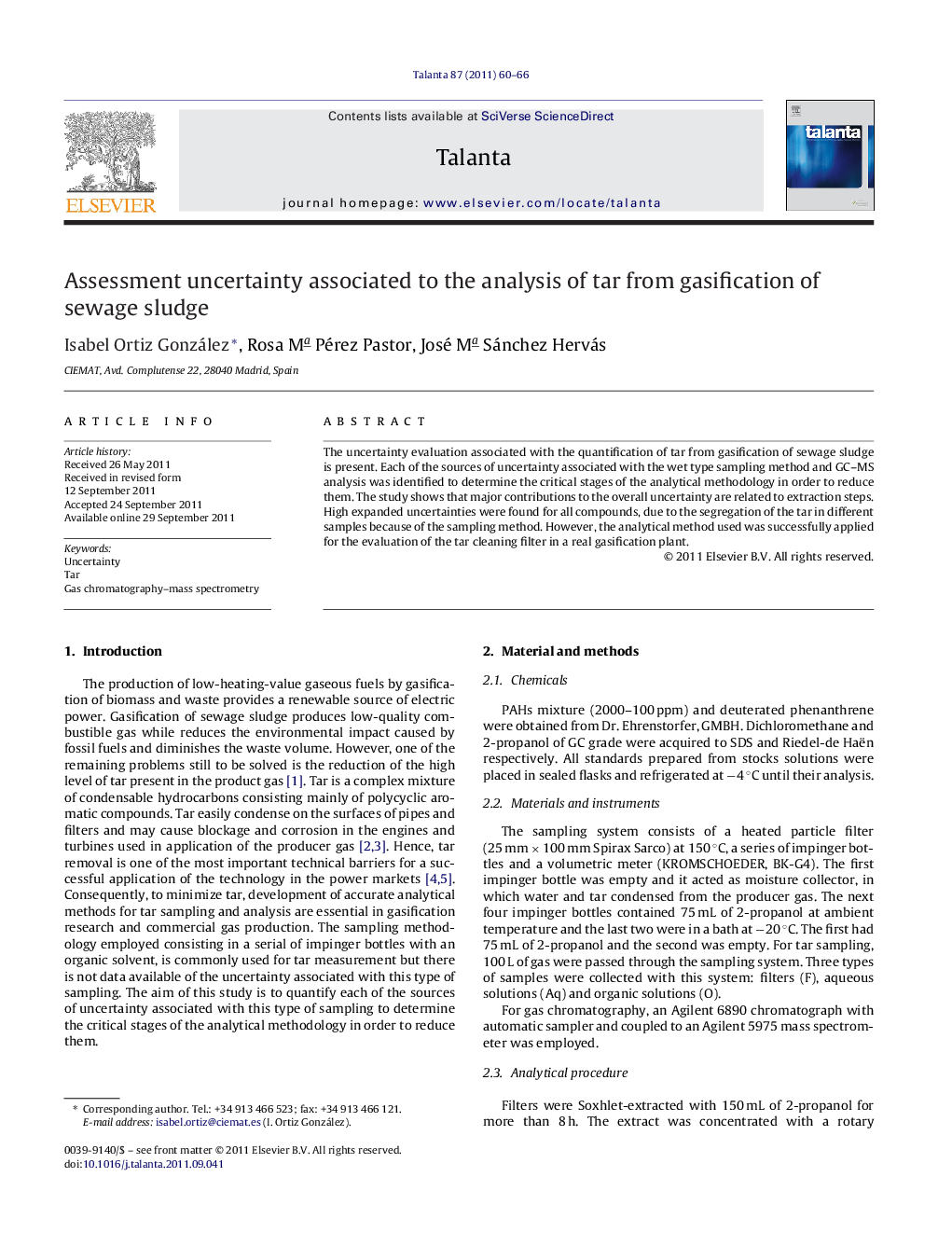 Assessment uncertainty associated to the analysis of tar from gasification of sewage sludge