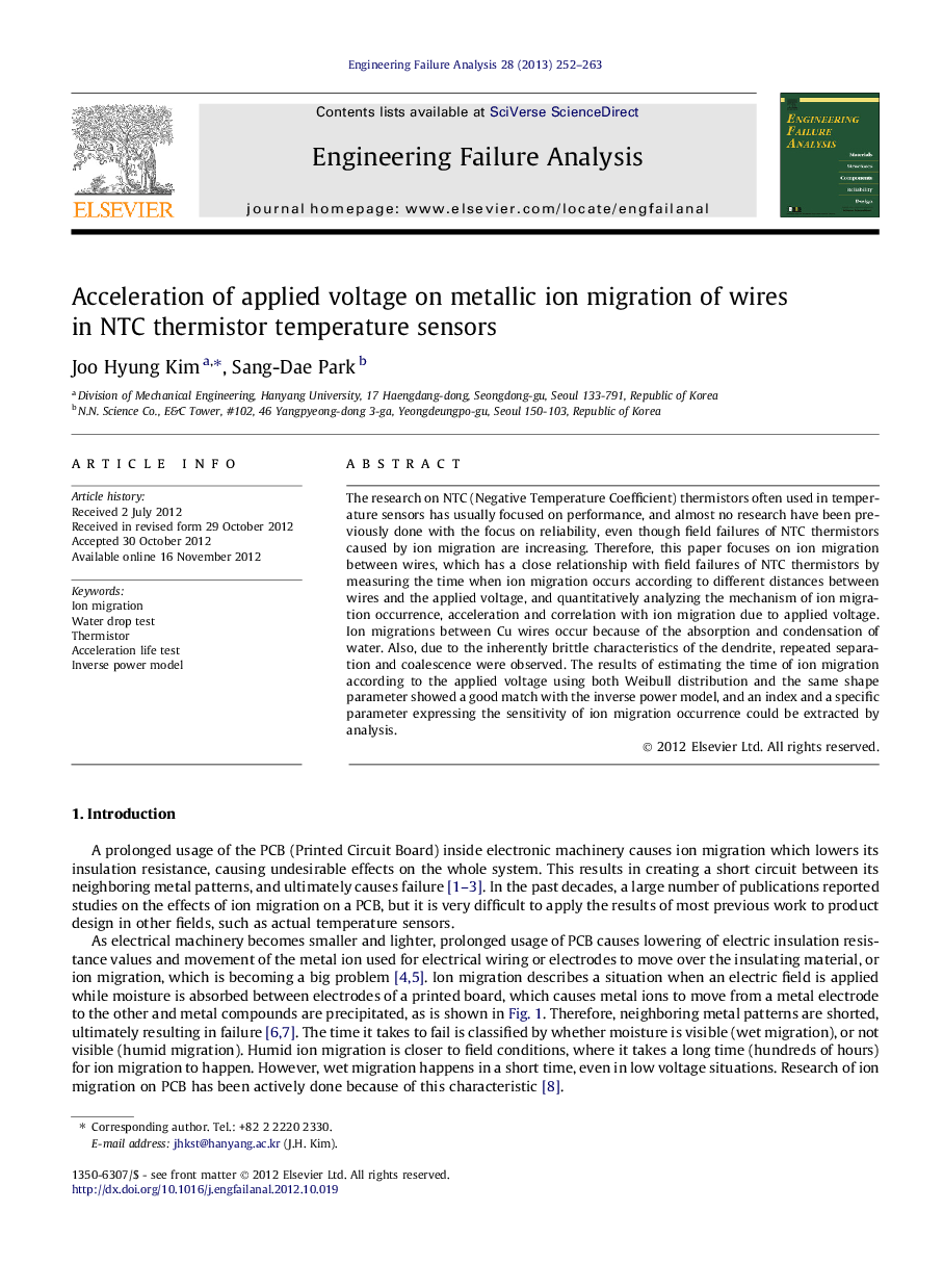 Acceleration of applied voltage on metallic ion migration of wires in NTC thermistor temperature sensors