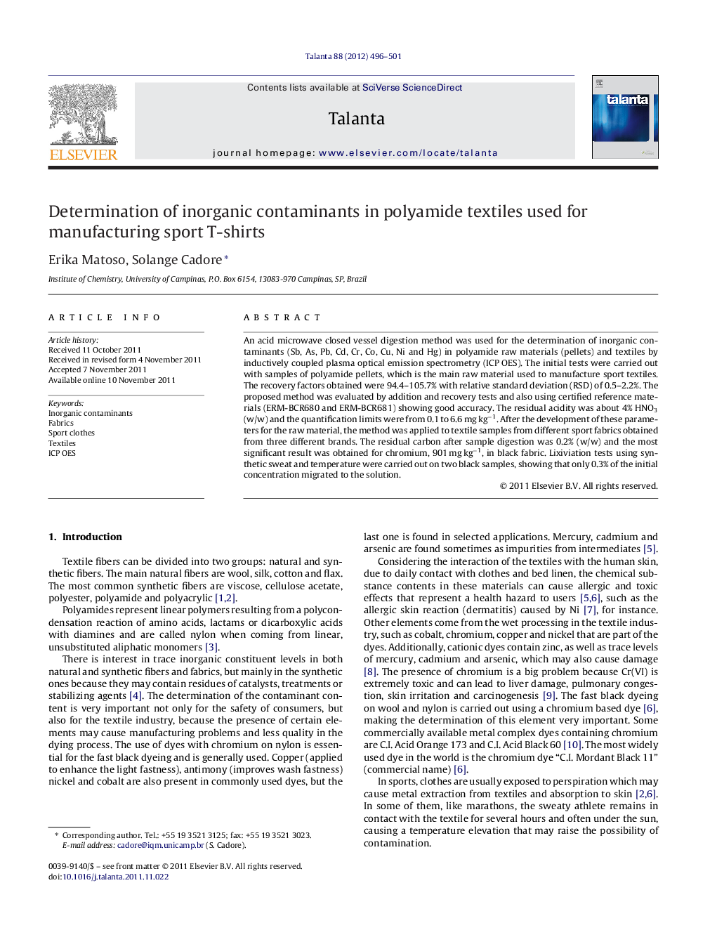 Determination of inorganic contaminants in polyamide textiles used for manufacturing sport T-shirts