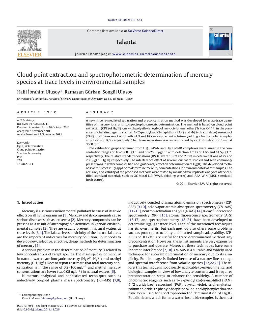 Cloud point extraction and spectrophotometric determination of mercury species at trace levels in environmental samples