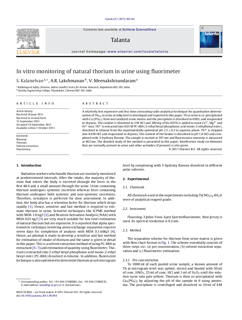 In vitro monitoring of natural thorium in urine using fluorimeter