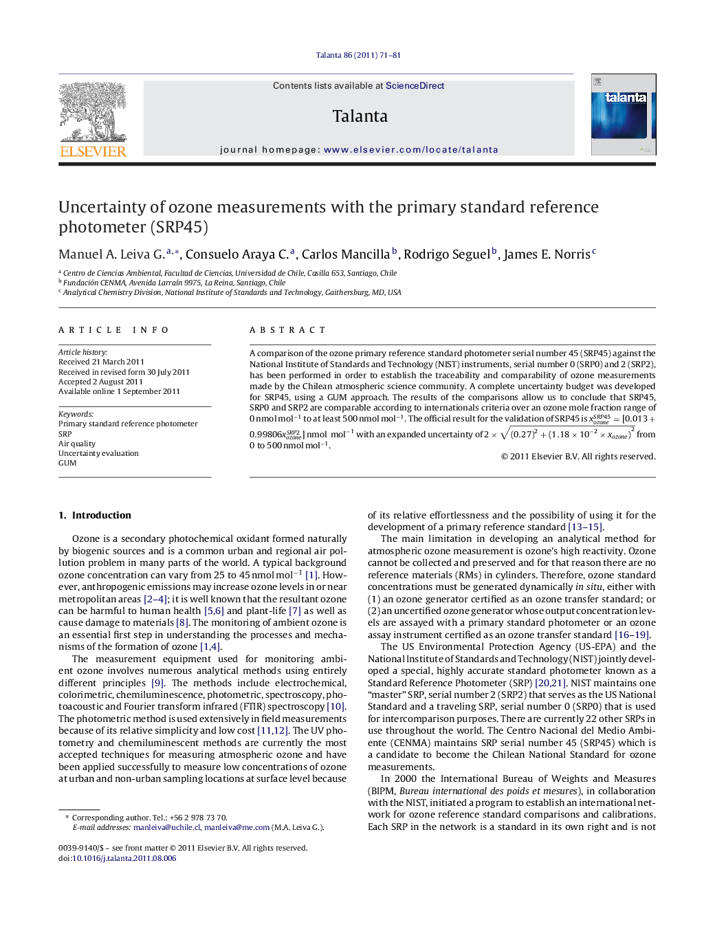 Uncertainty of ozone measurements with the primary standard reference photometer (SRP45)