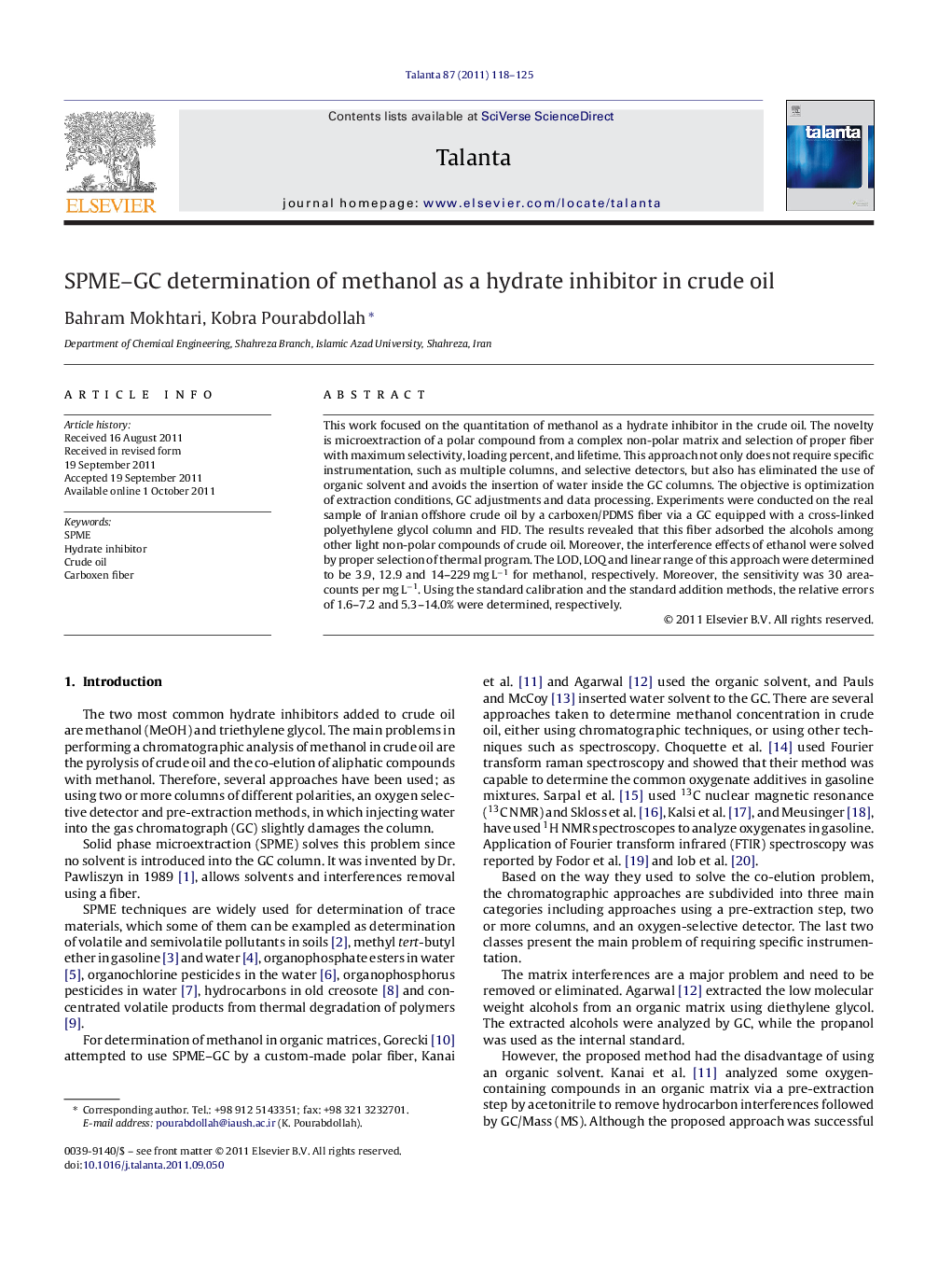 SPME-GC determination of methanol as a hydrate inhibitor in crude oil