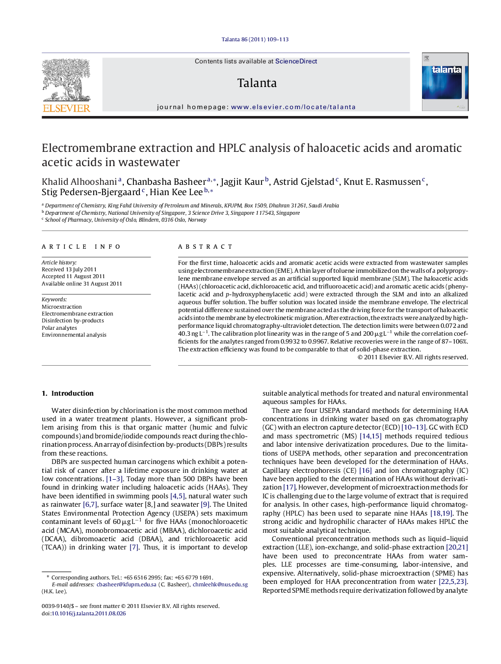 Electromembrane extraction and HPLC analysis of haloacetic acids and aromatic acetic acids in wastewater