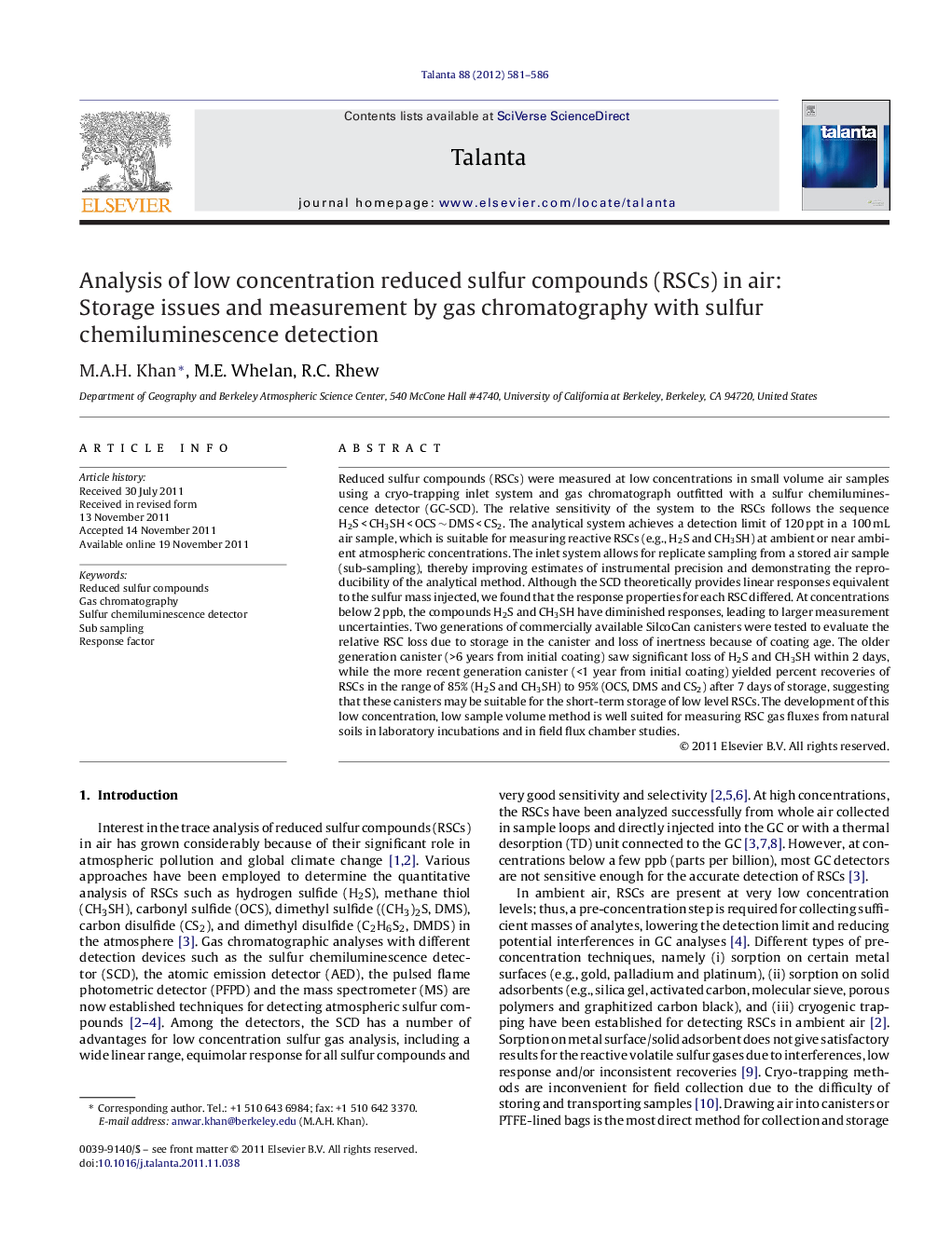 Analysis of low concentration reduced sulfur compounds (RSCs) in air: Storage issues and measurement by gas chromatography with sulfur chemiluminescence detection