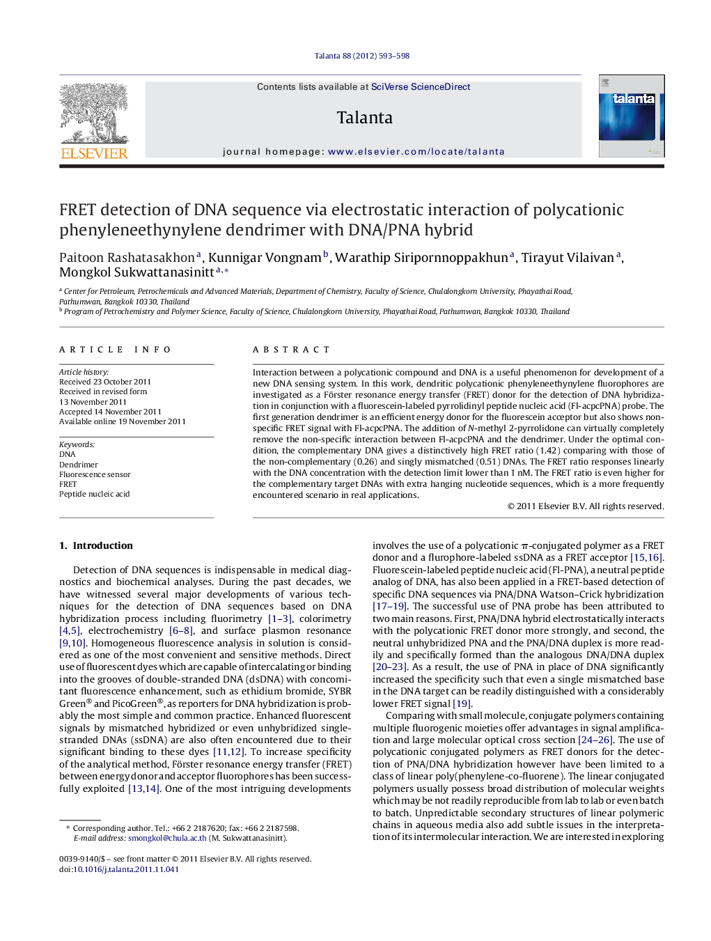 FRET detection of DNA sequence via electrostatic interaction of polycationic phenyleneethynylene dendrimer with DNA/PNA hybrid