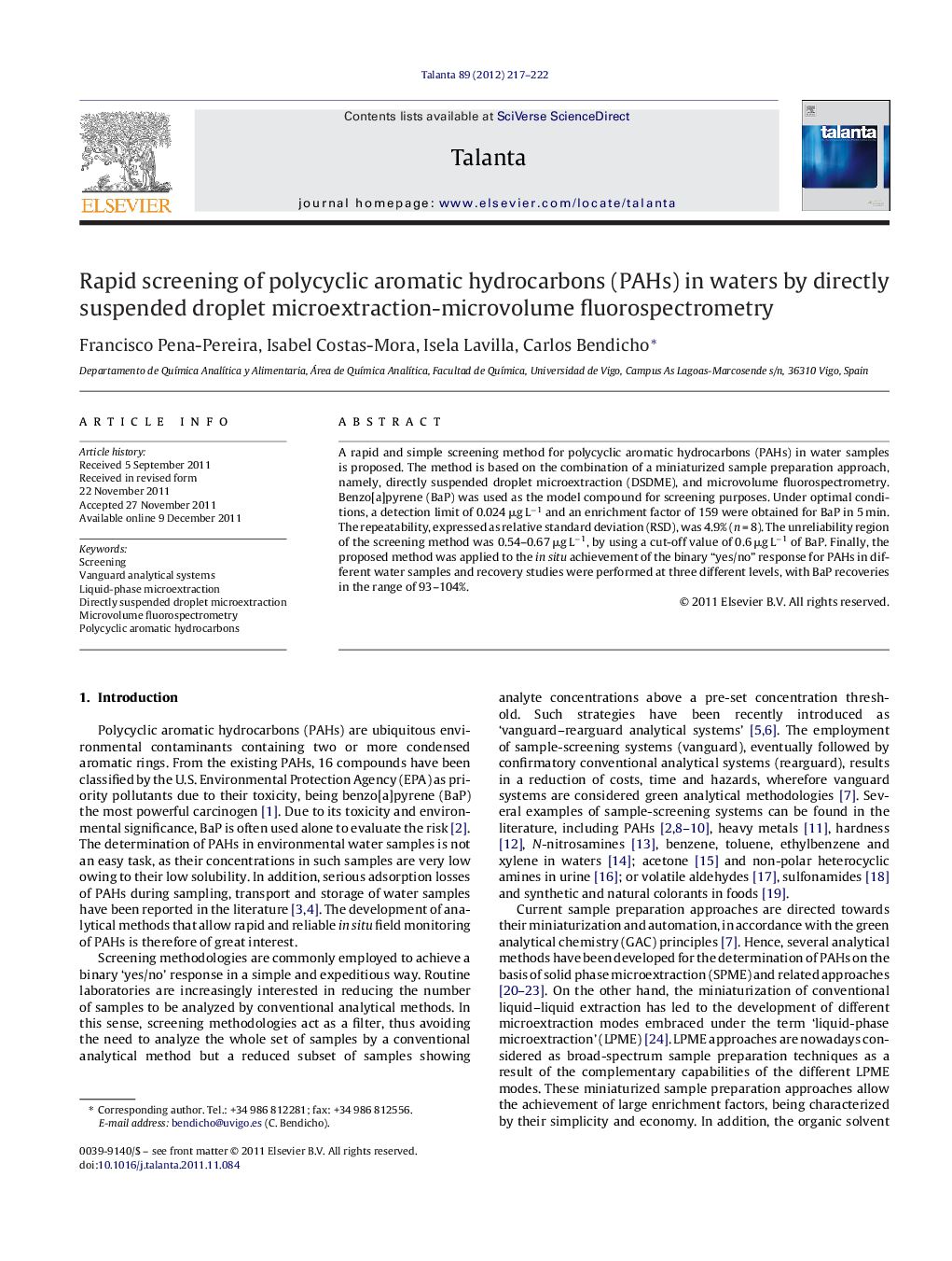 Rapid screening of polycyclic aromatic hydrocarbons (PAHs) in waters by directly suspended droplet microextraction-microvolume fluorospectrometry