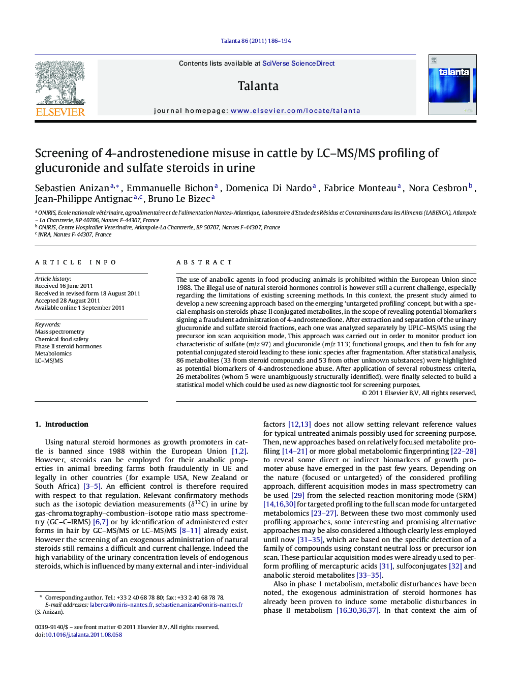 Screening of 4-androstenedione misuse in cattle by LC-MS/MS profiling of glucuronide and sulfate steroids in urine