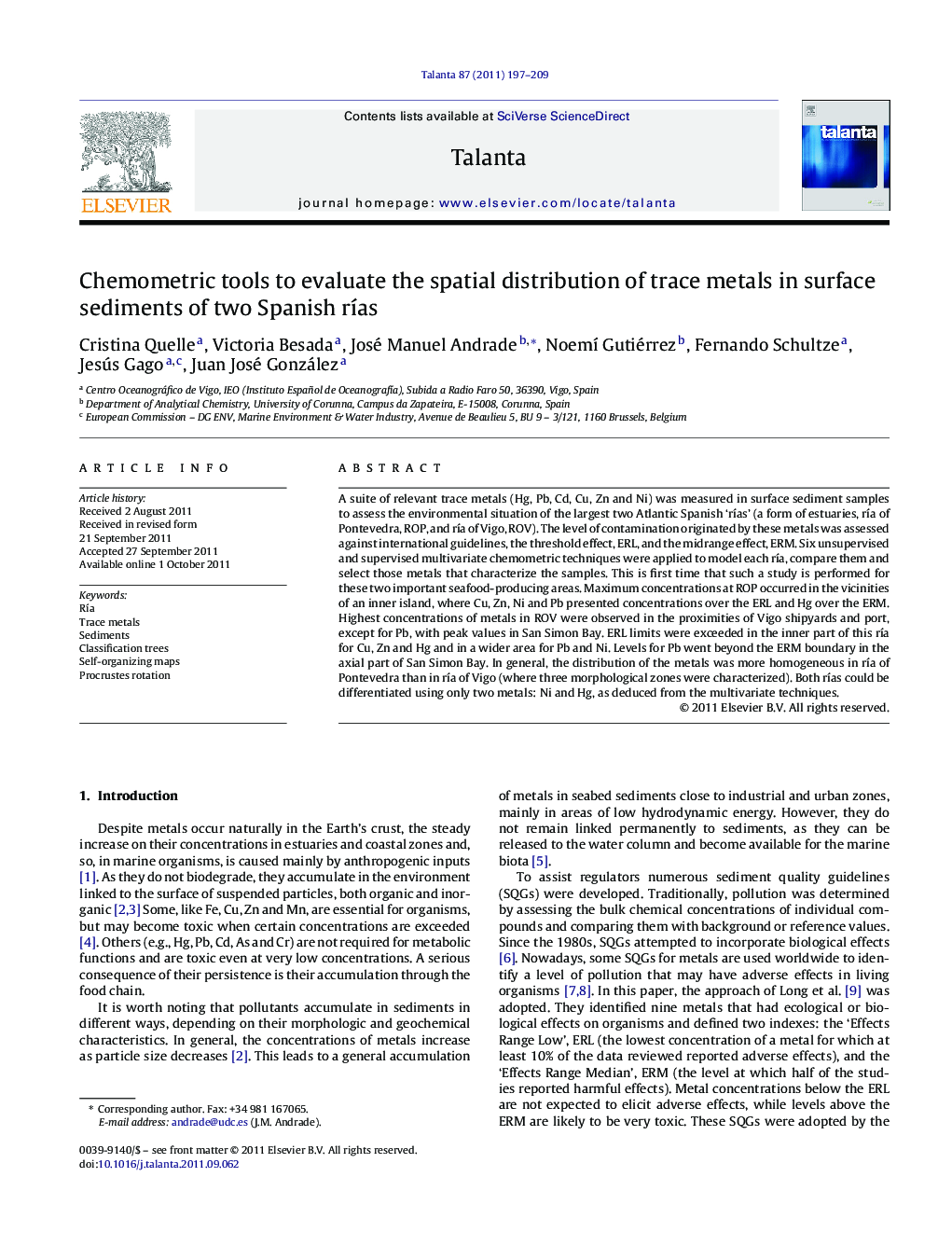 Chemometric tools to evaluate the spatial distribution of trace metals in surface sediments of two Spanish rÃ­as